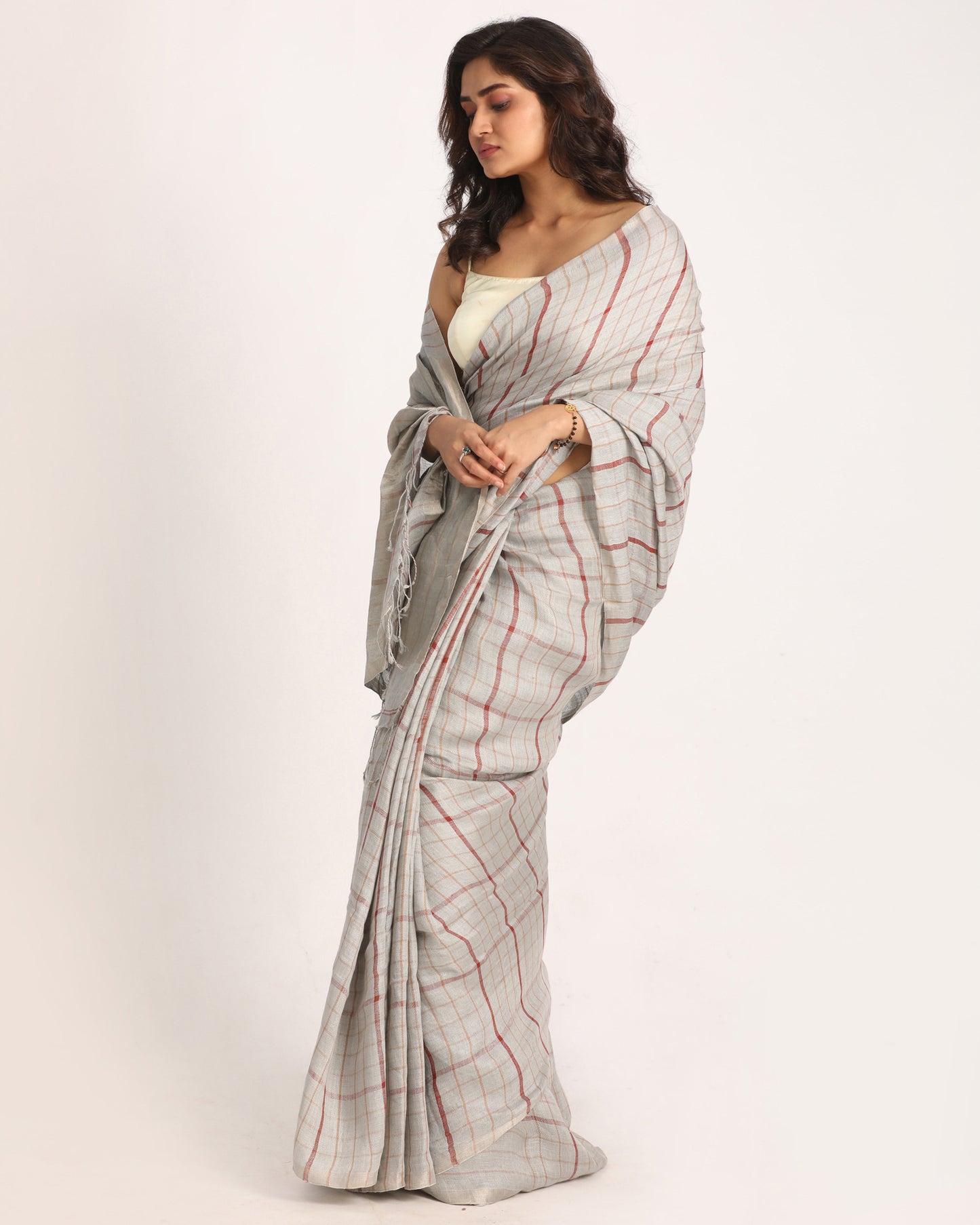 Silver Grey Traditional Handloom Check Linen Saree