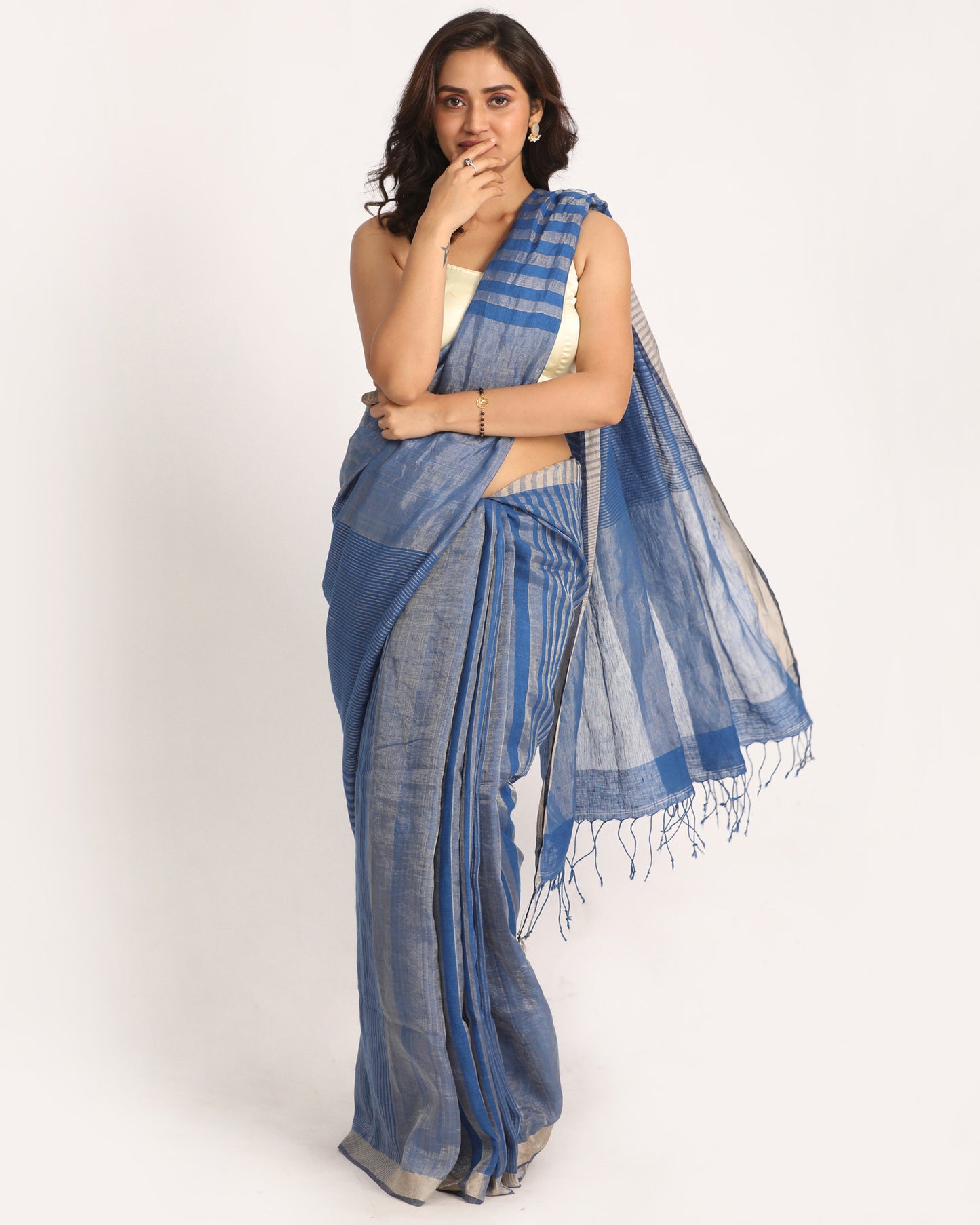 Royal Blue Check Traditional Handloom Linen Saree