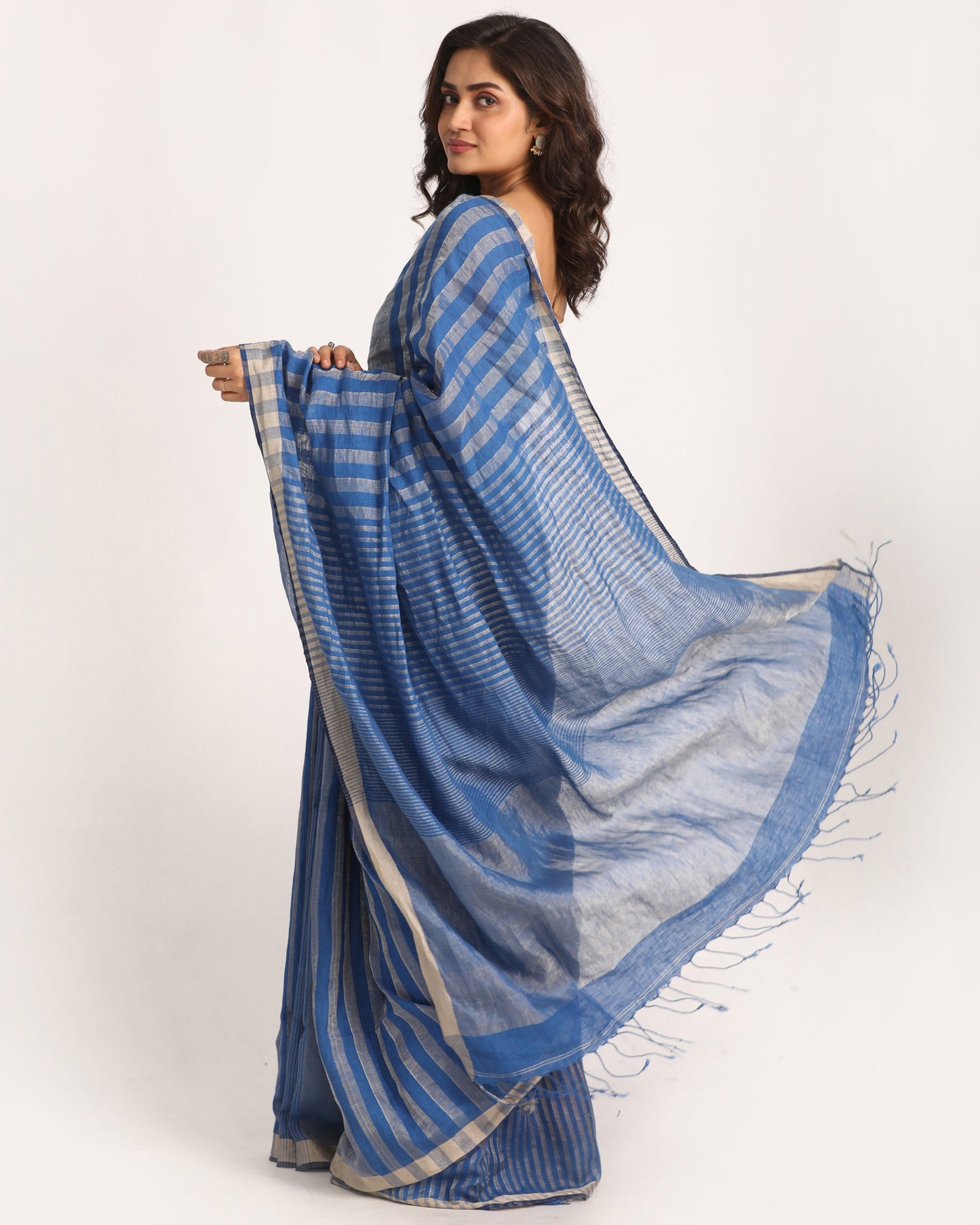 Royal Blue Check Traditional Handloom Linen Saree