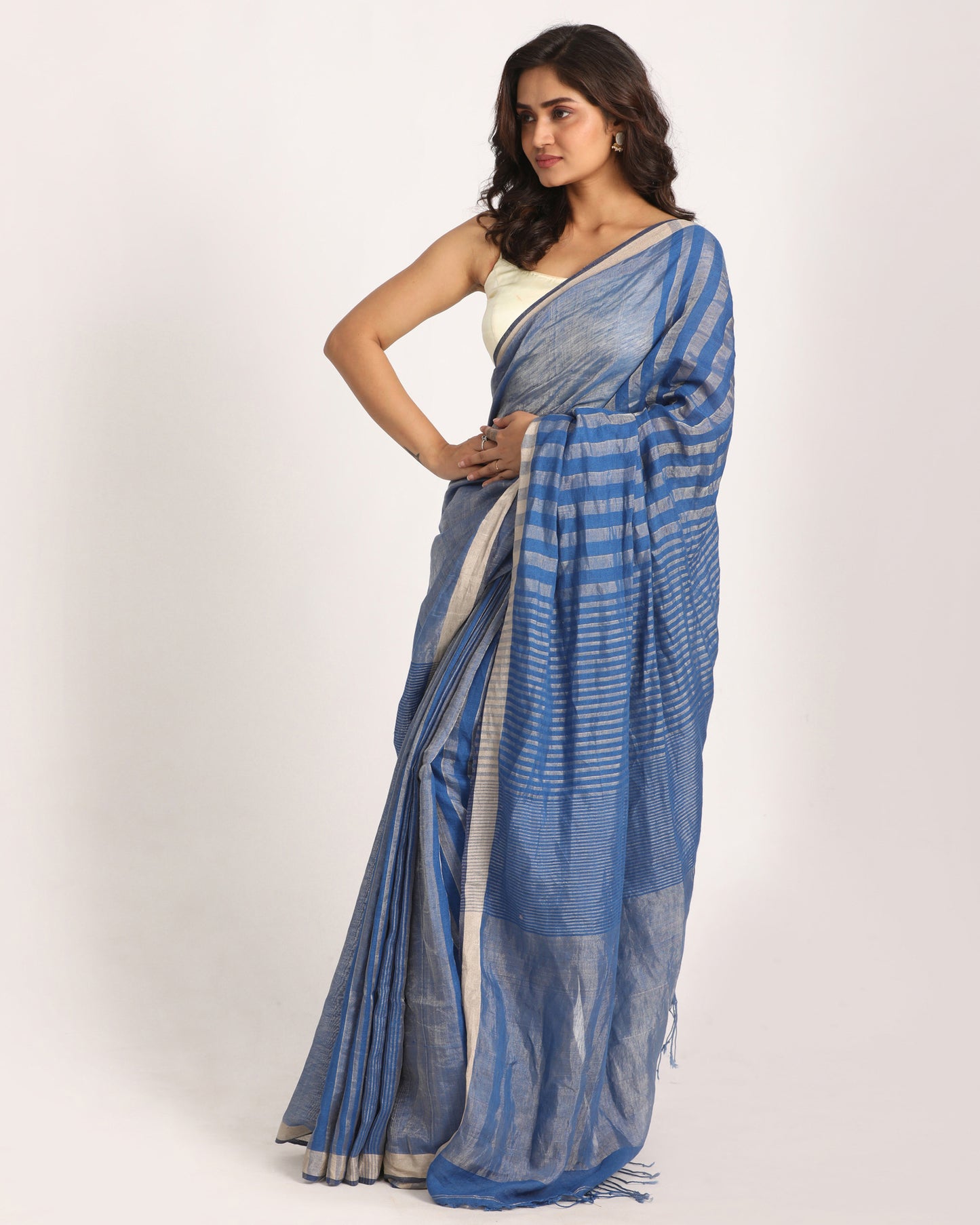 Royal Blue Check Traditional Handloom Linen Saree