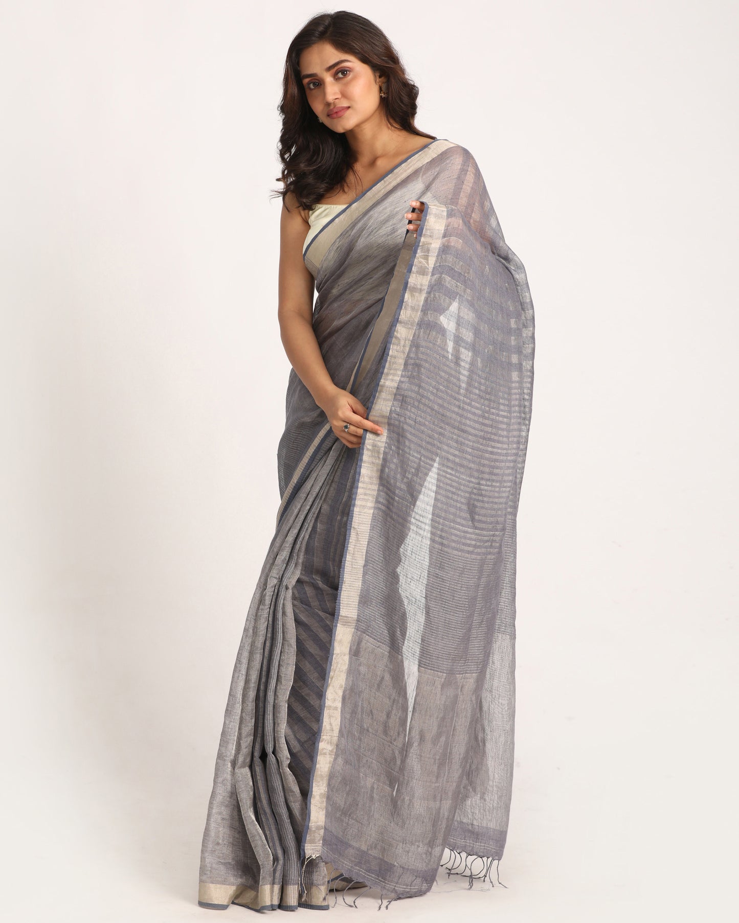 Grey Blue Check Traditional Handloom Linen Saree