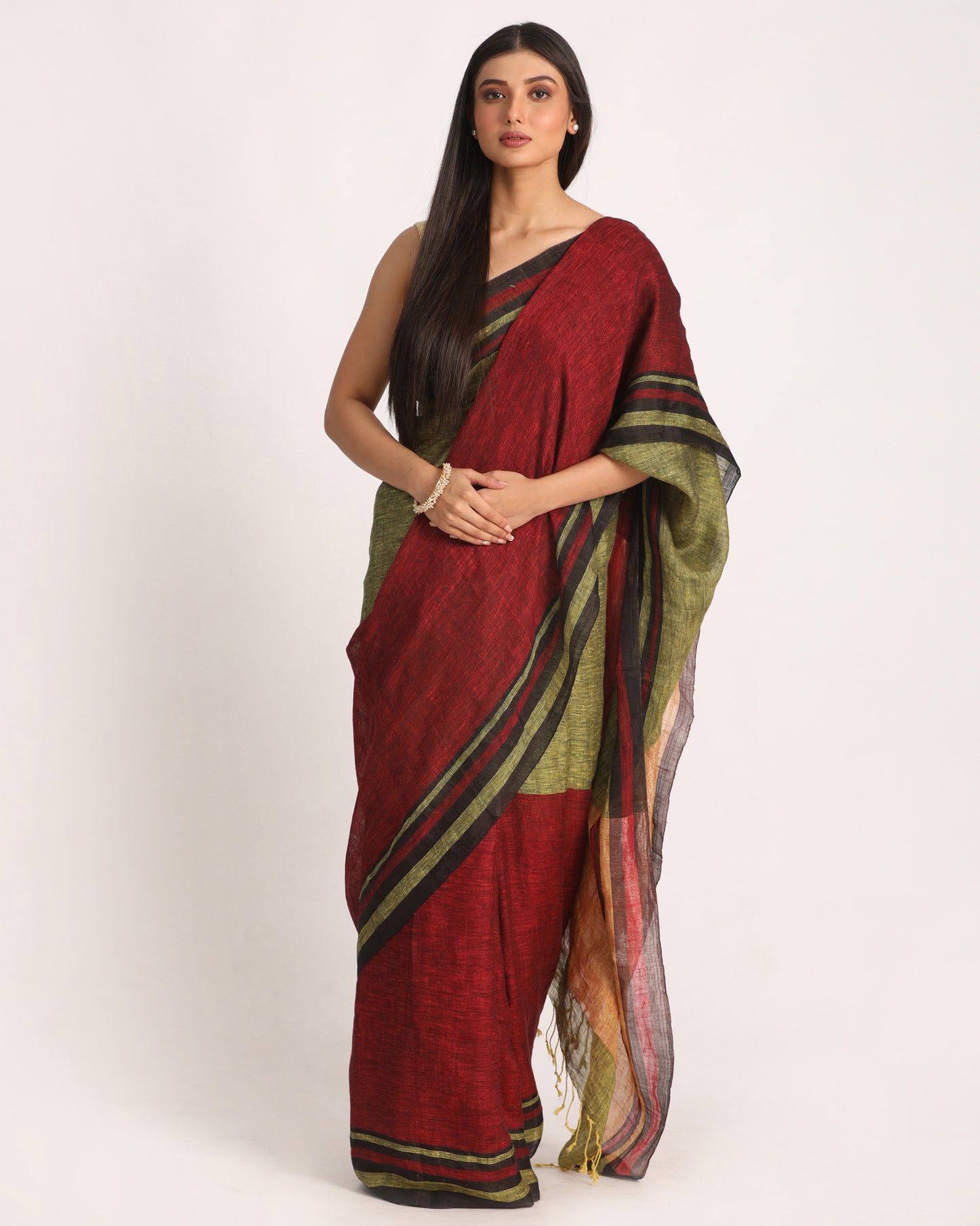 Maroon Lime Traditional Handloom Linen Saree