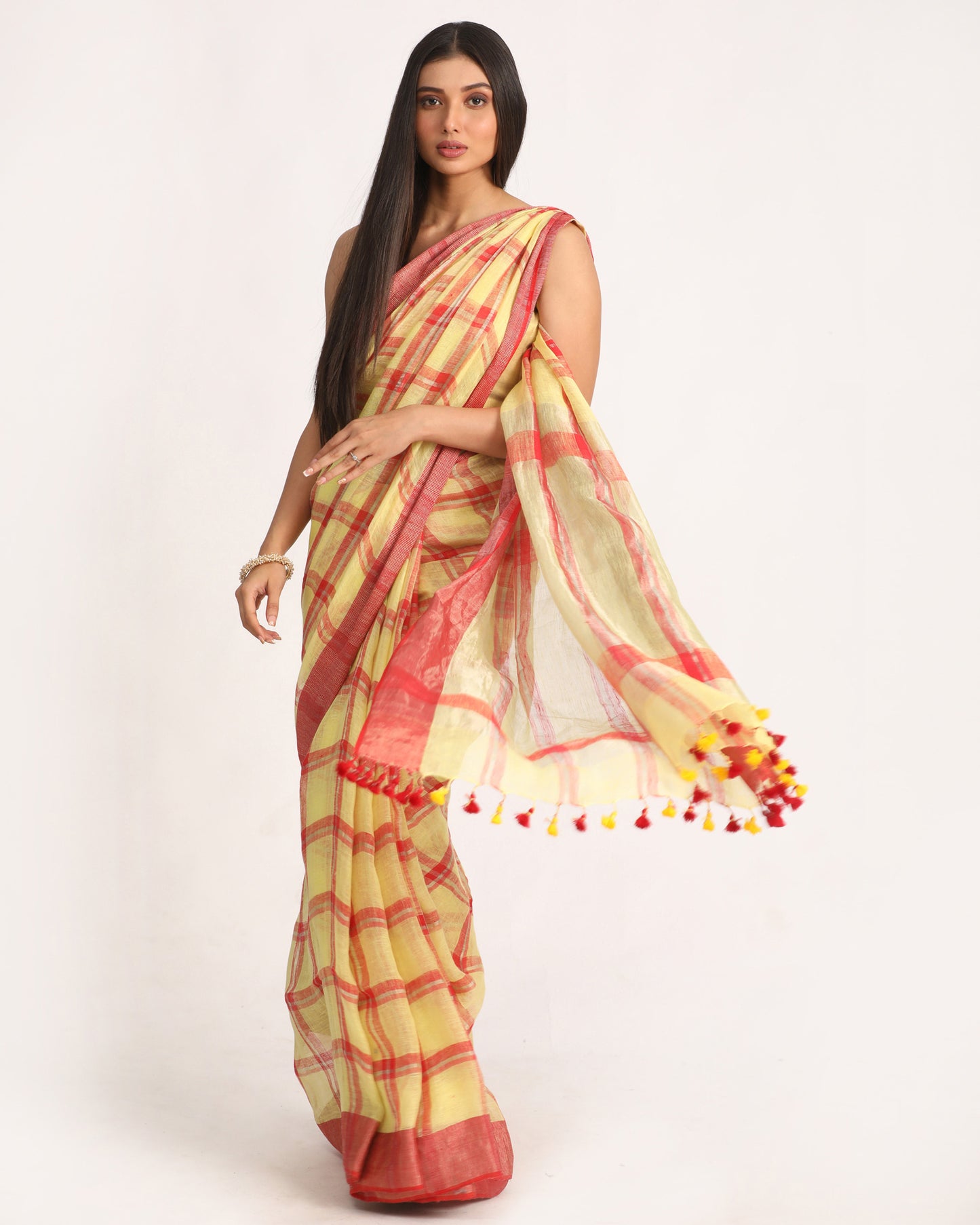 Lemon Maroon Handloom Check Linen Saree