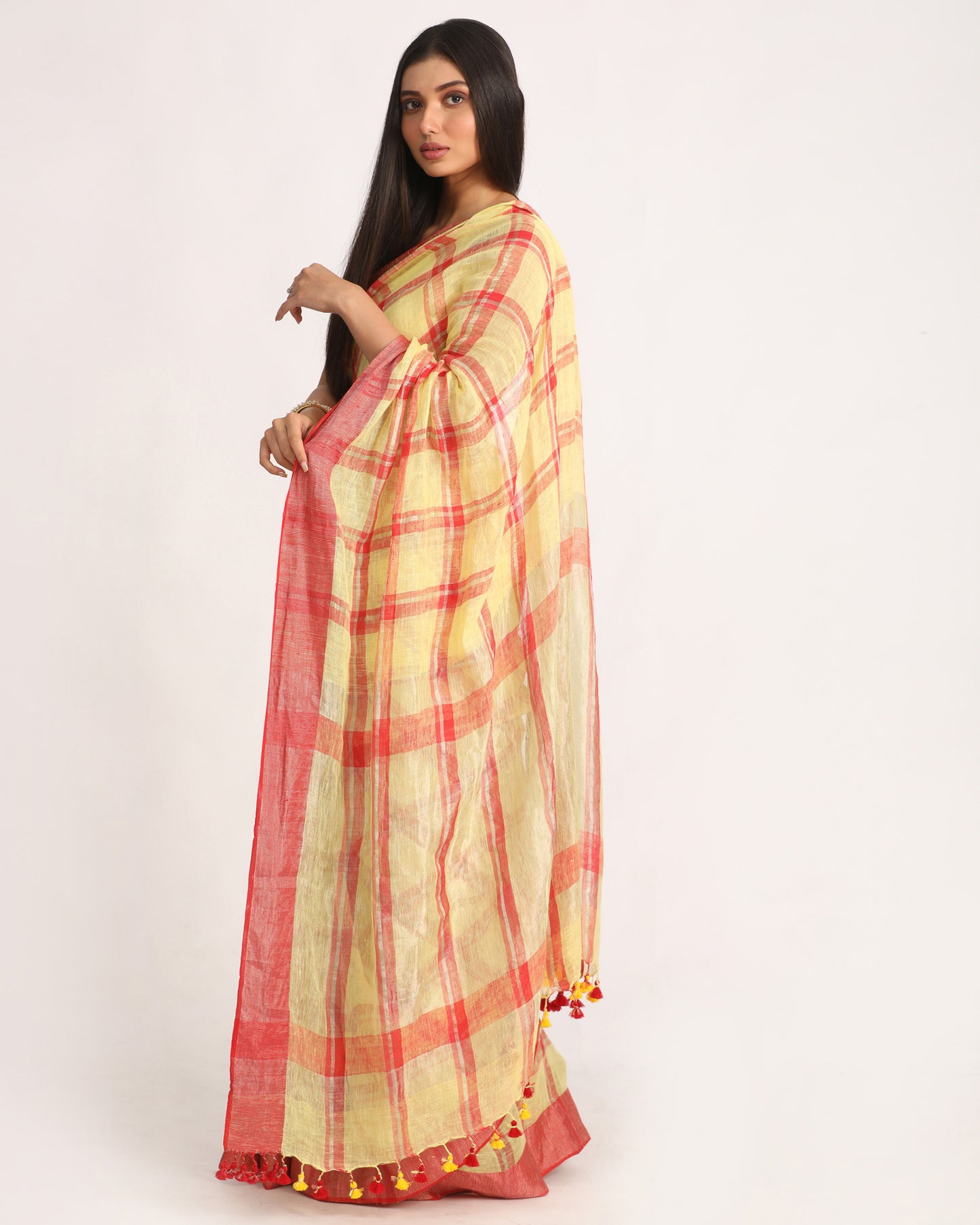 Lemon Maroon Handloom Check Linen Saree