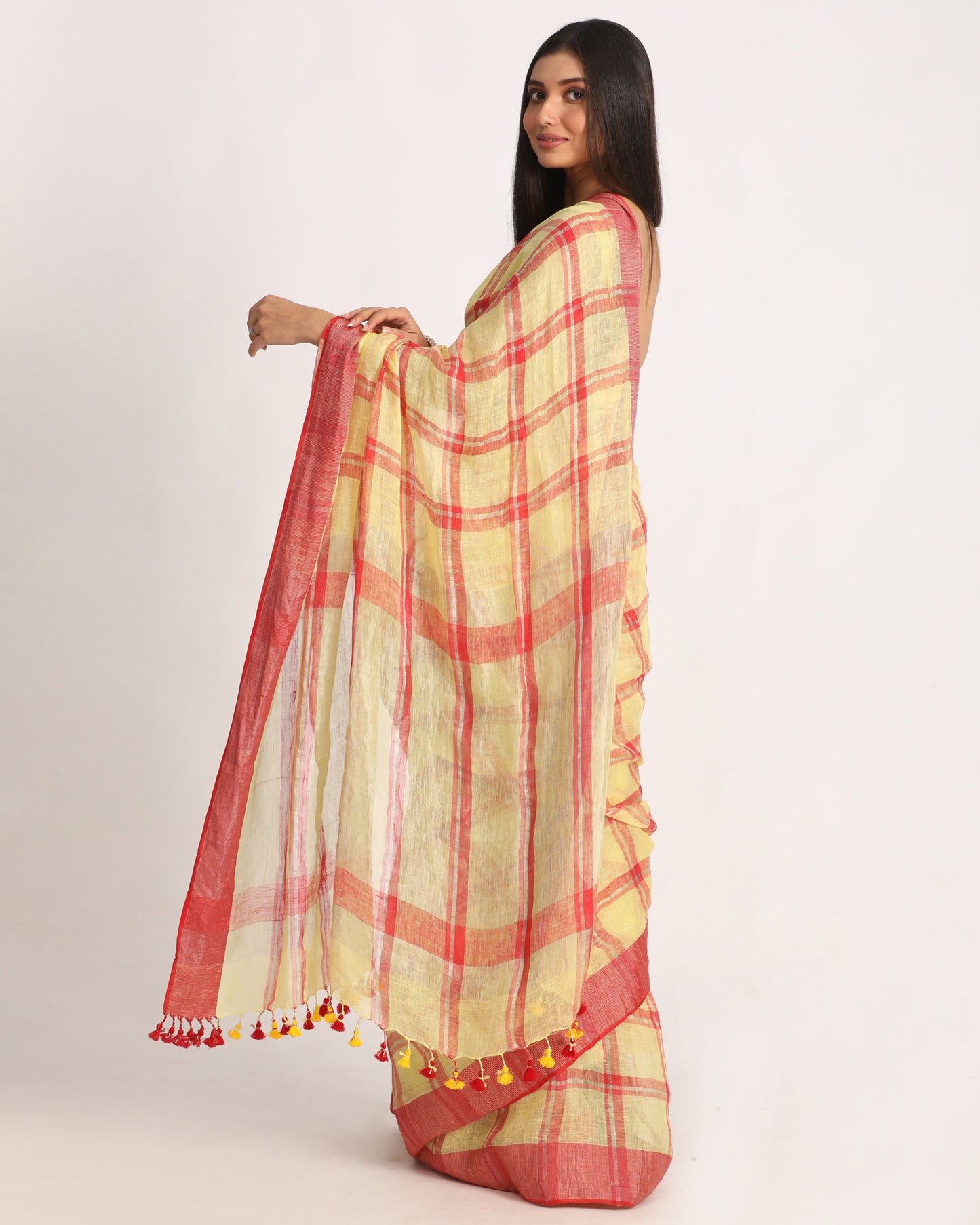 Lemon Maroon Handloom Check Linen Saree