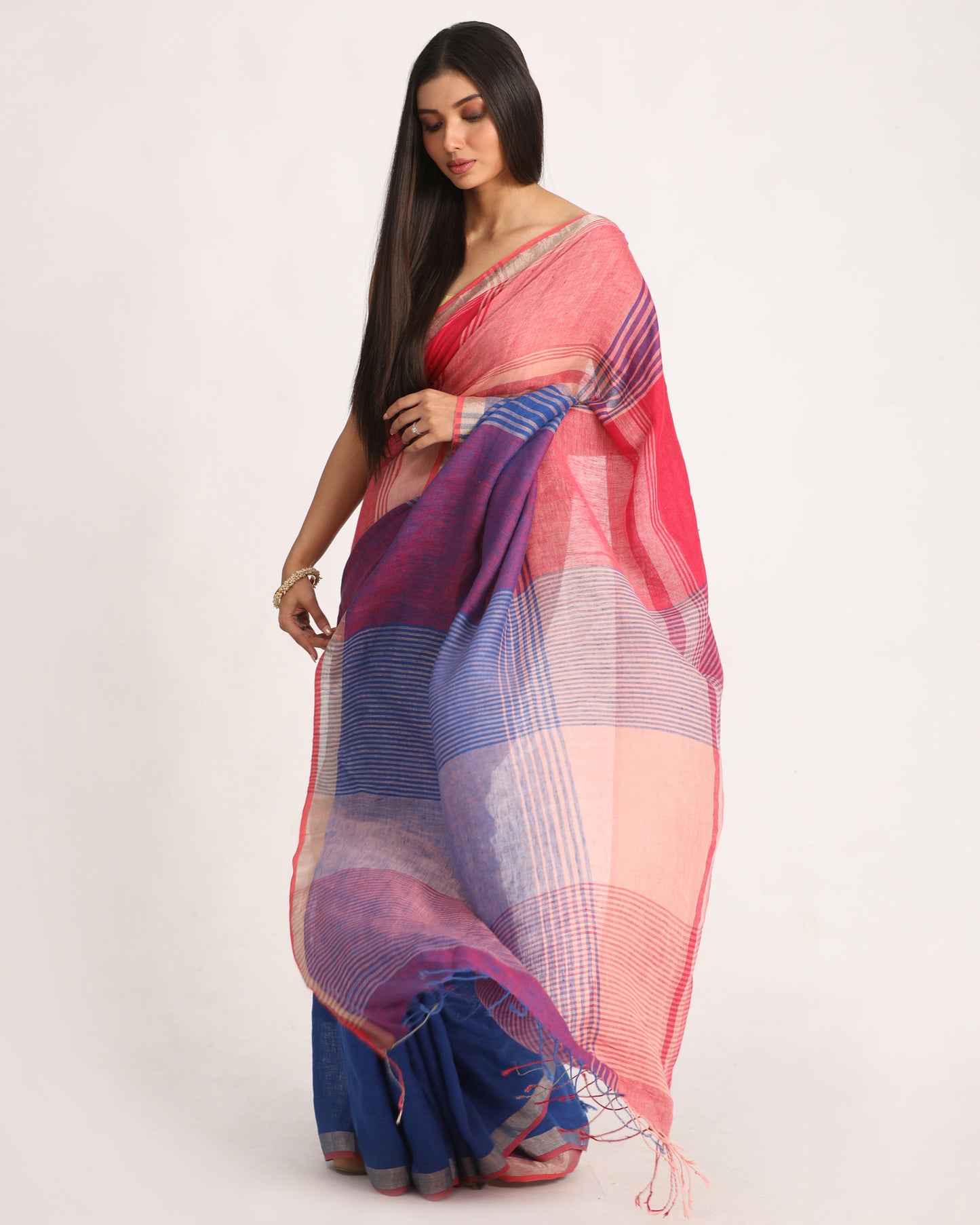 Multicolour Traditional Handloom Check Linen Saree