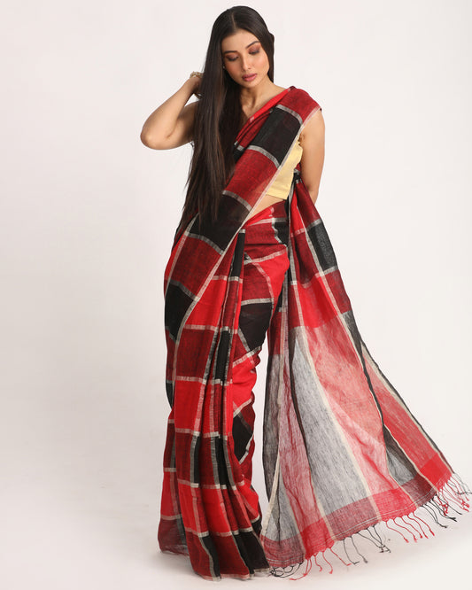 Red Black Traditional Check Linen Handloom Saree