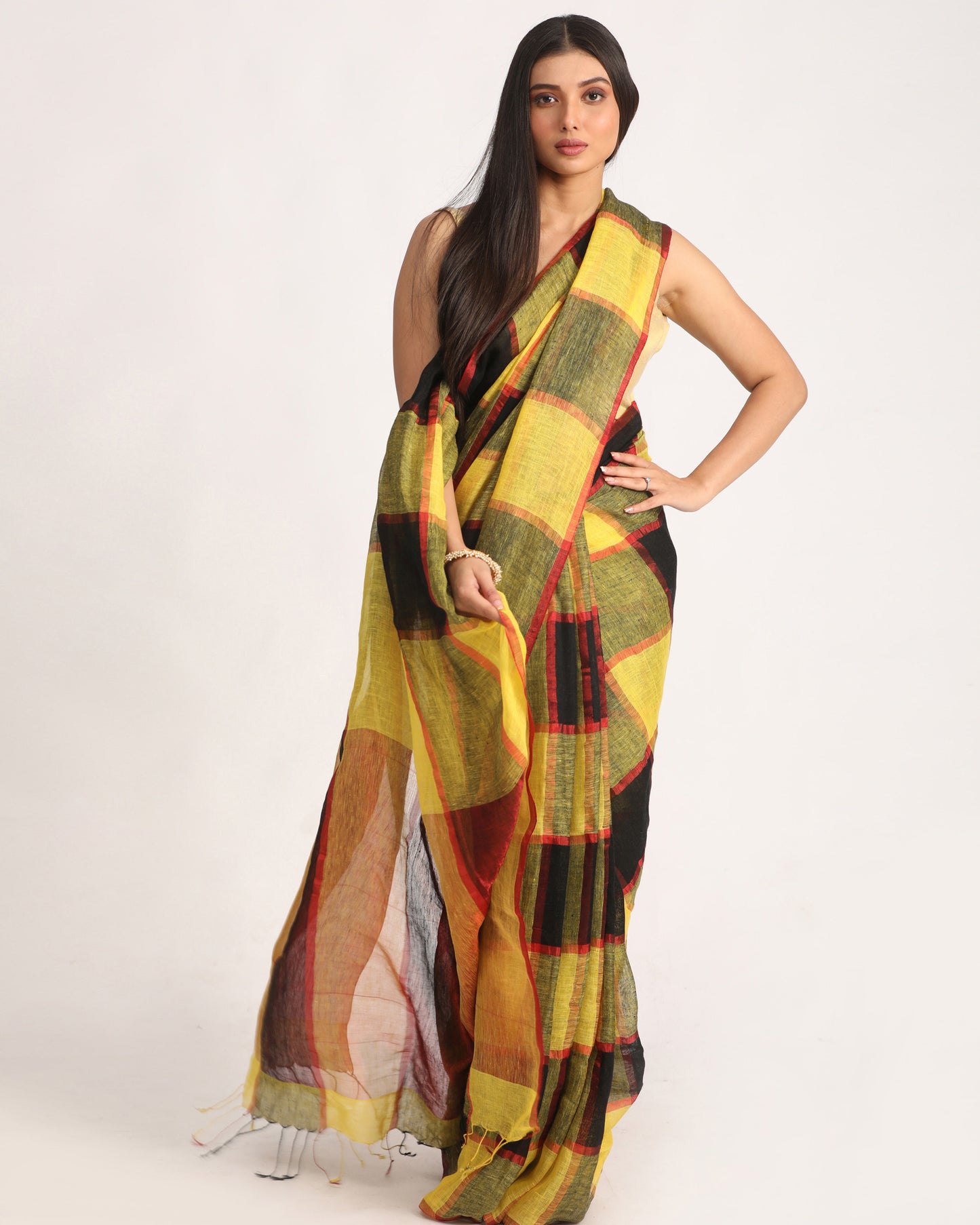 Yellow Black Traditional Check Linen Handloom Saree