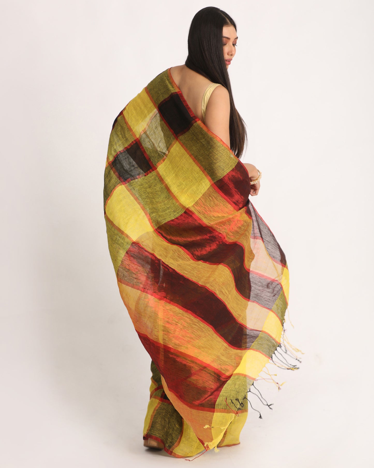 Yellow Black Traditional Check Linen Handloom Saree