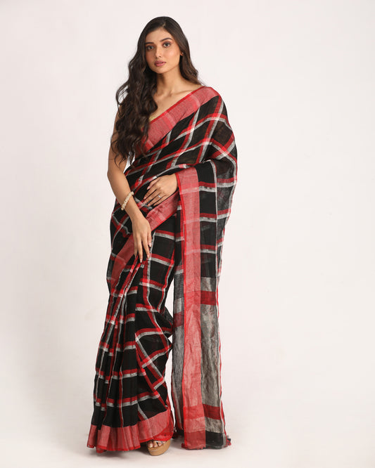 Black Red Traditional Check Linen Handloom Saree