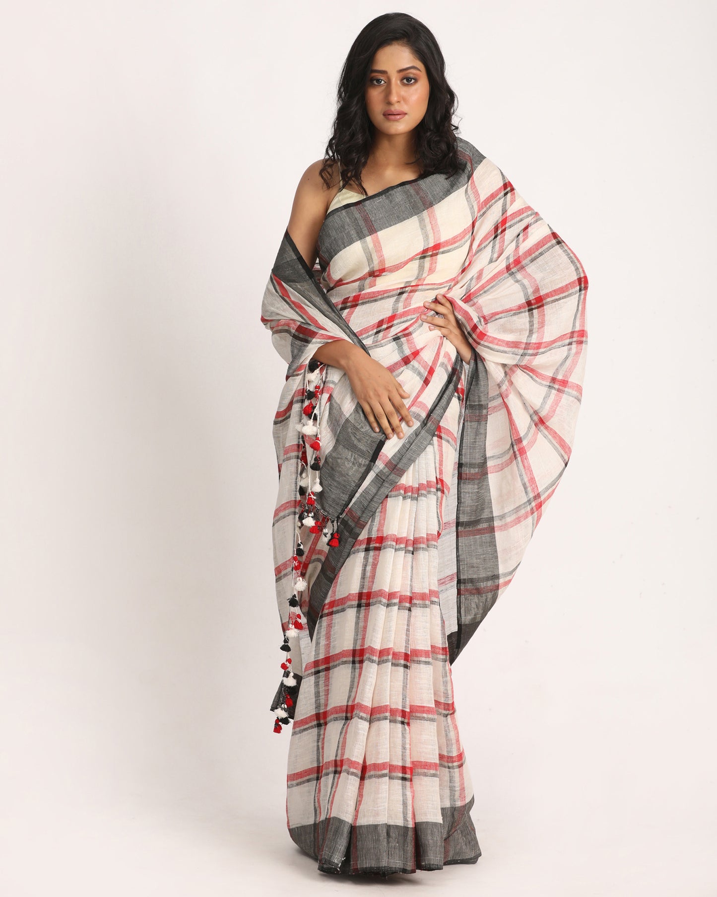 Off White Red Traditional Check Linen Handloom Saree