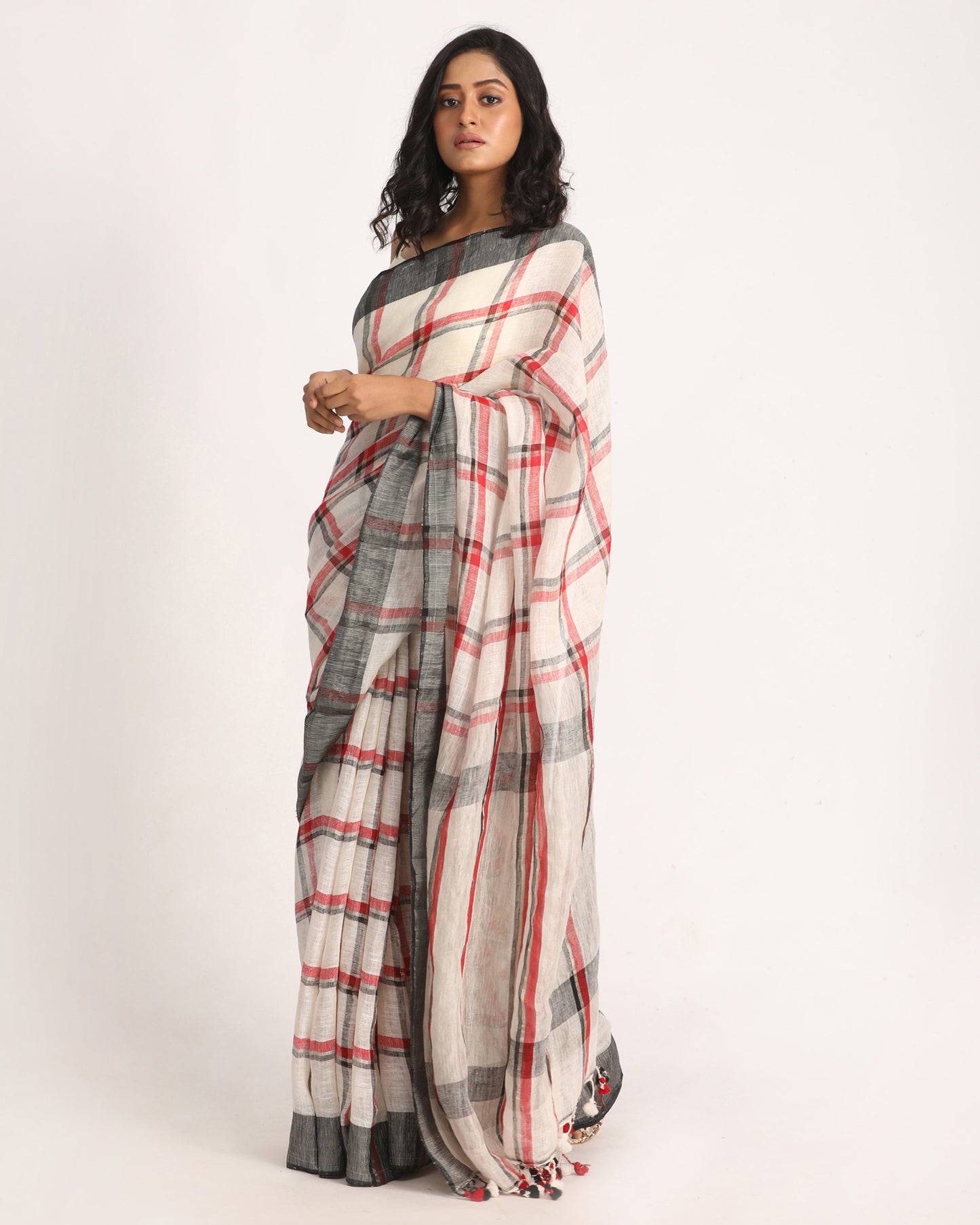 Off White Red Traditional Check Linen Handloom Saree