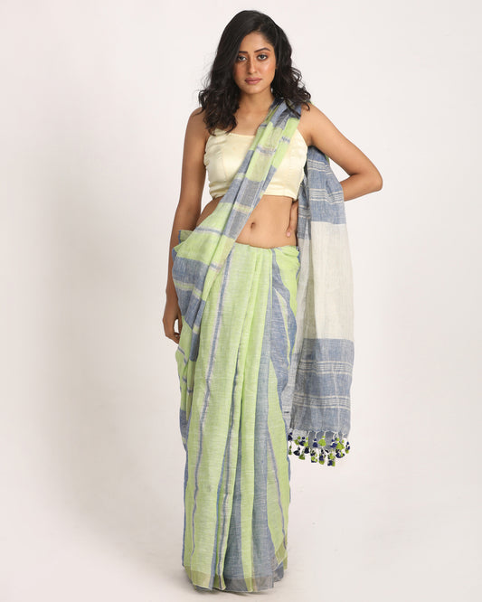 Green Blue Traditional Handloom Check Linen Saree