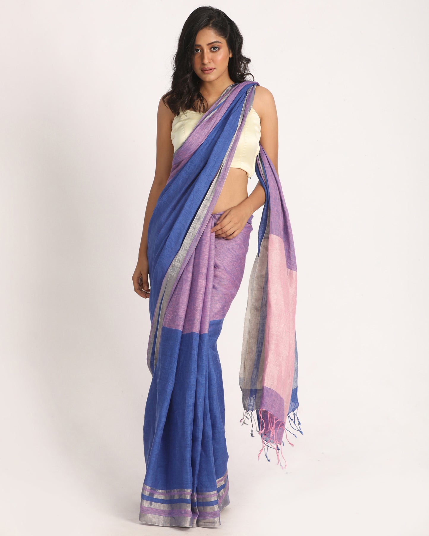 Royal Blue Light Pink Traditional Handloom Linen Saree