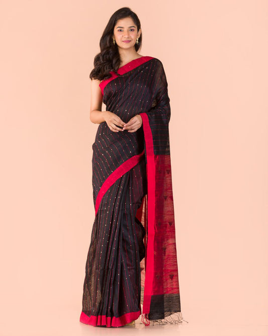 Black Handwoven Matka Silk Saree