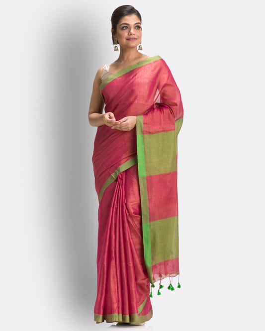 Pink Handloom Zari Cotton Tissue Saree