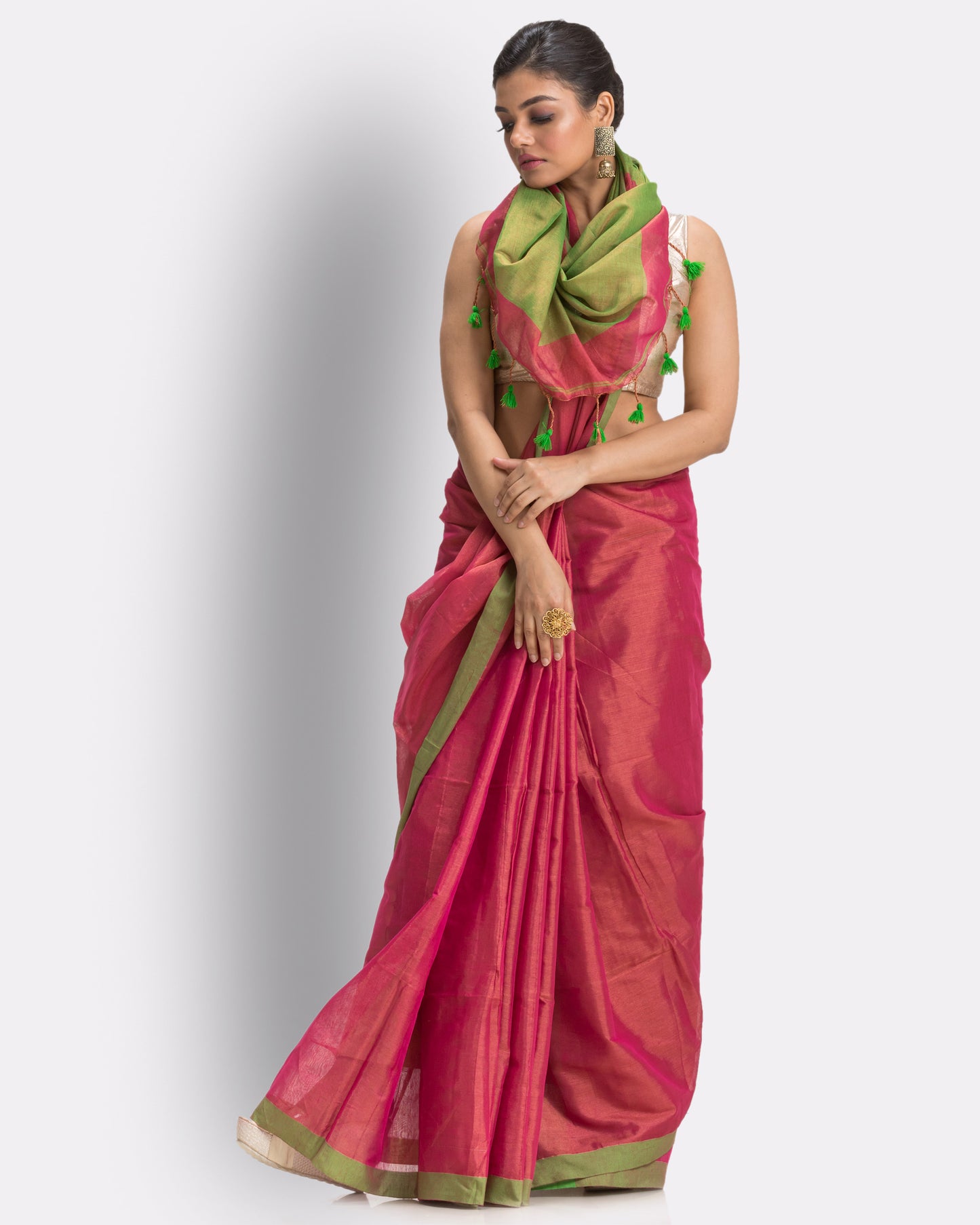 Pink Handloom Zari Cotton Tissue Saree