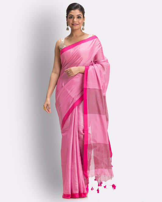 Pink Handloom Zari Cotton Tissue Saree