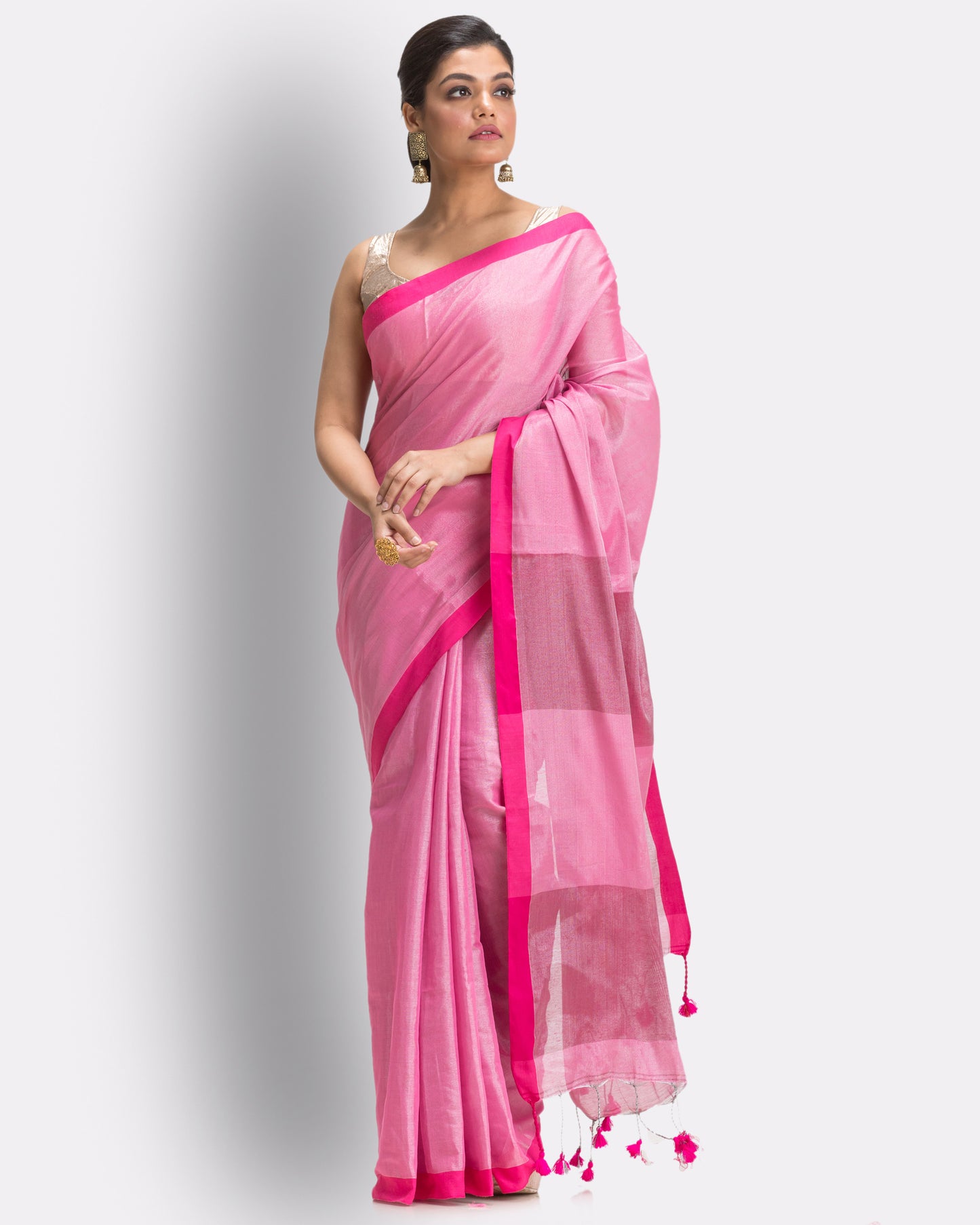 Pink Handloom Zari Cotton Tissue Saree