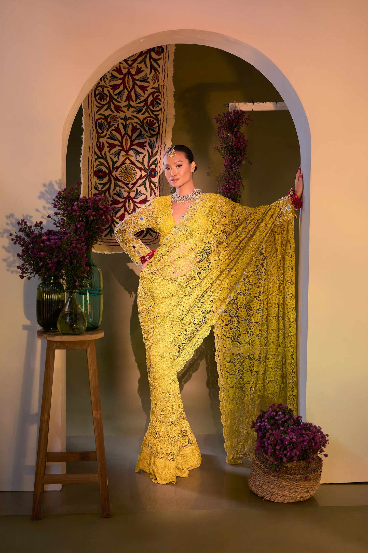 Varda Hand Embroidered Mustard Yellow Cocktail Saree Set