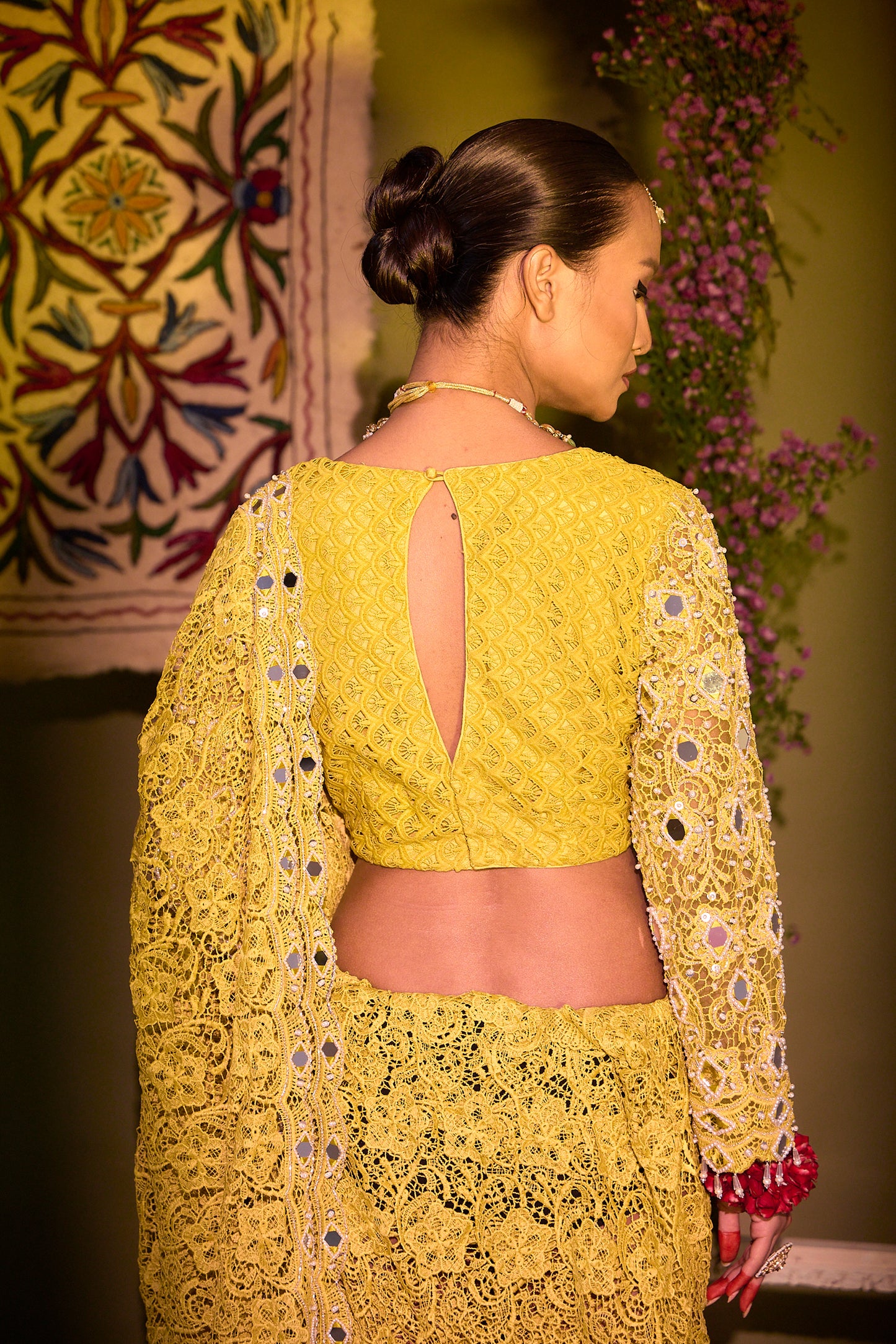 Varda Hand Embroidered Mustard Yellow Cocktail Saree Set