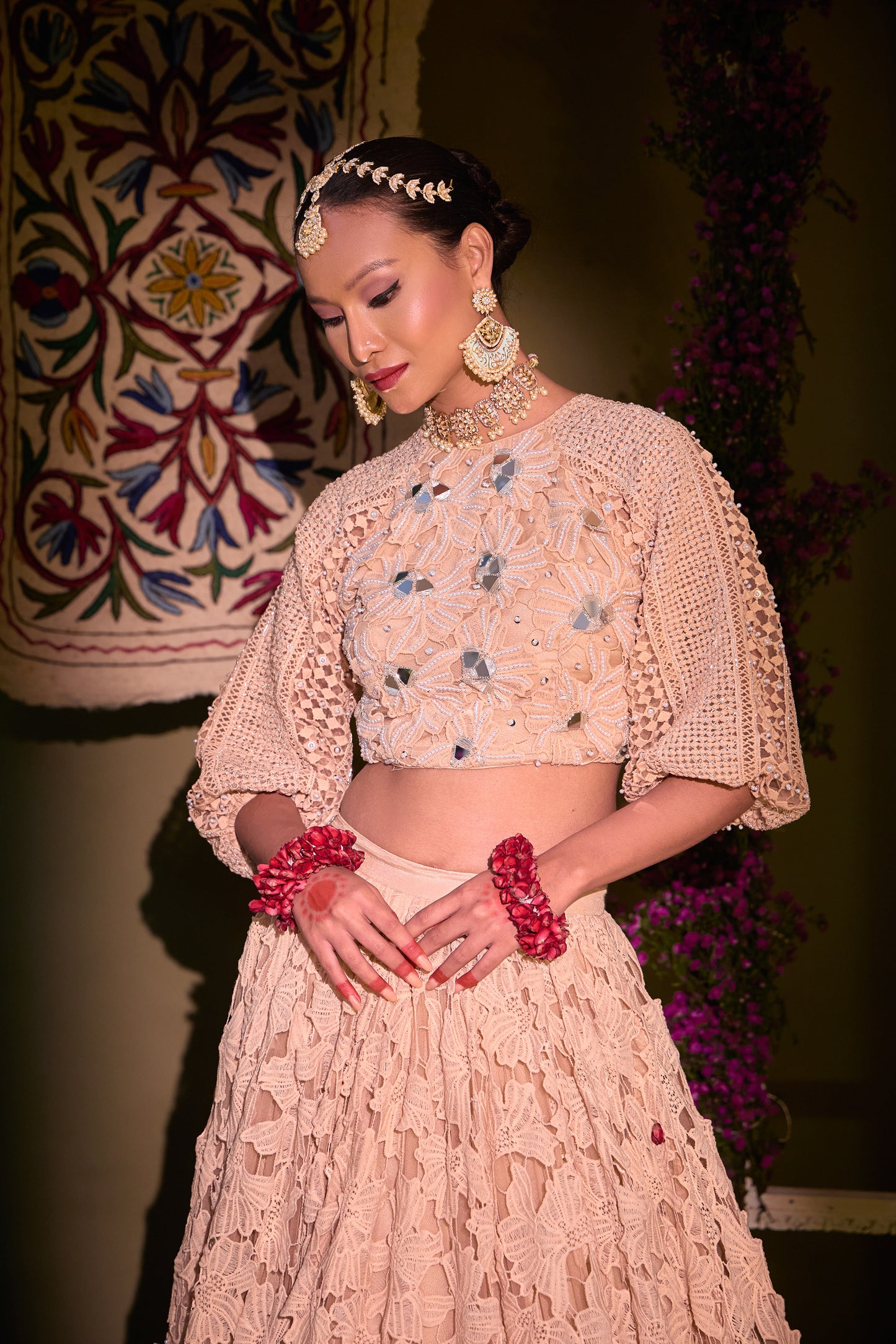 Paulina Nude Crochet Mirror work Engagement Lehenga Set