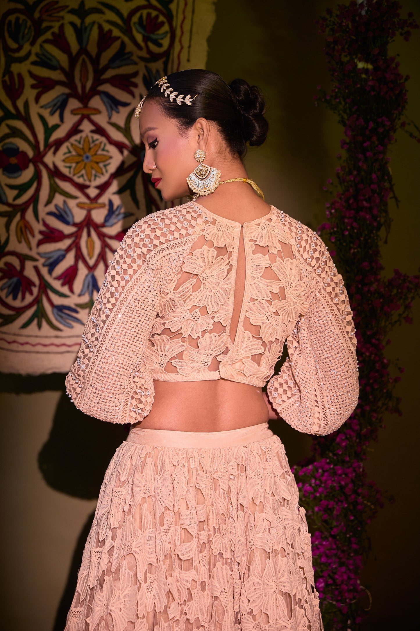 Paulina Nude Crochet Mirror work Engagement Lehenga Set