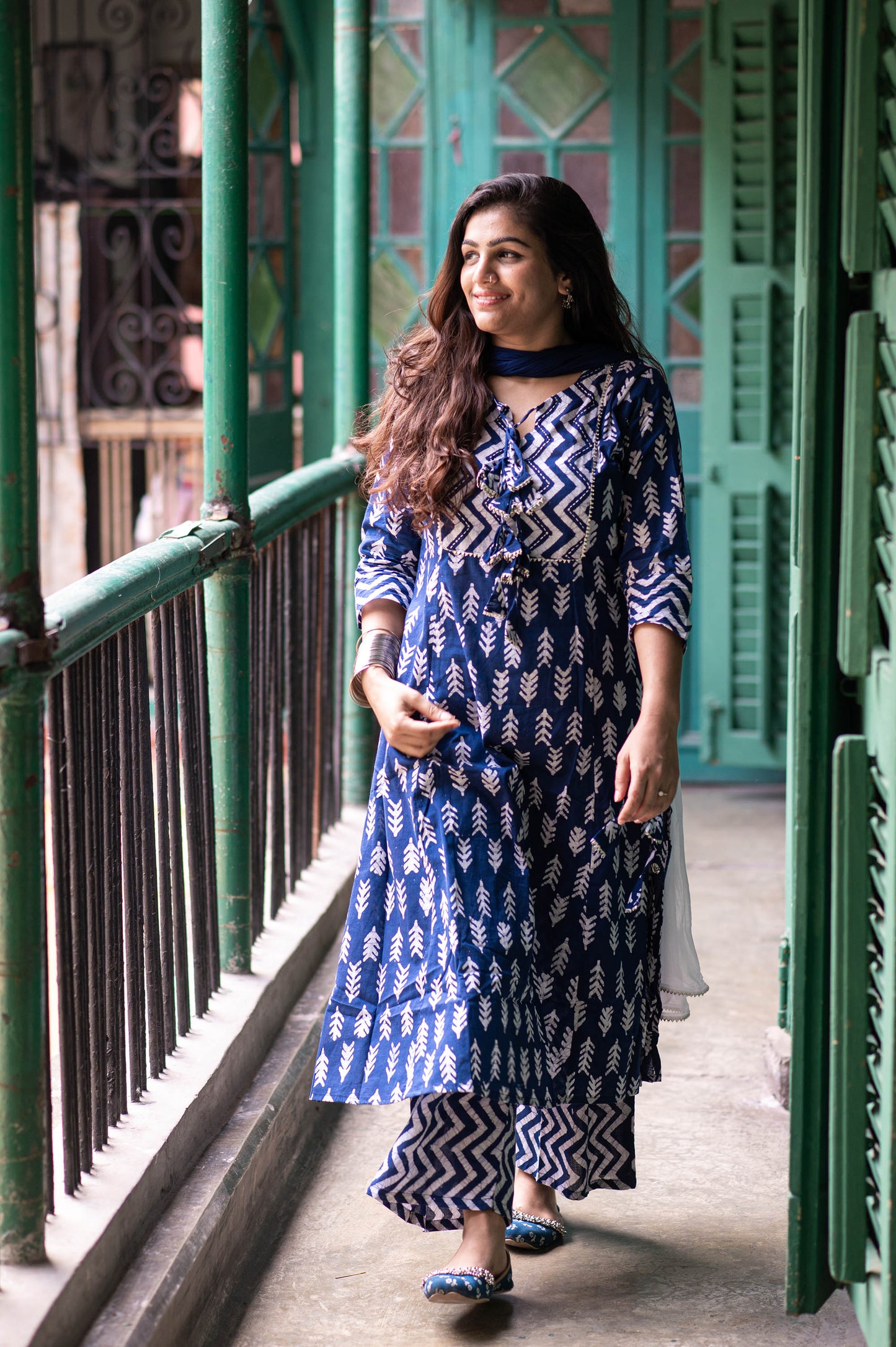 Royal Blue Cotton Printed A Line Kurta With Palazzo Pants