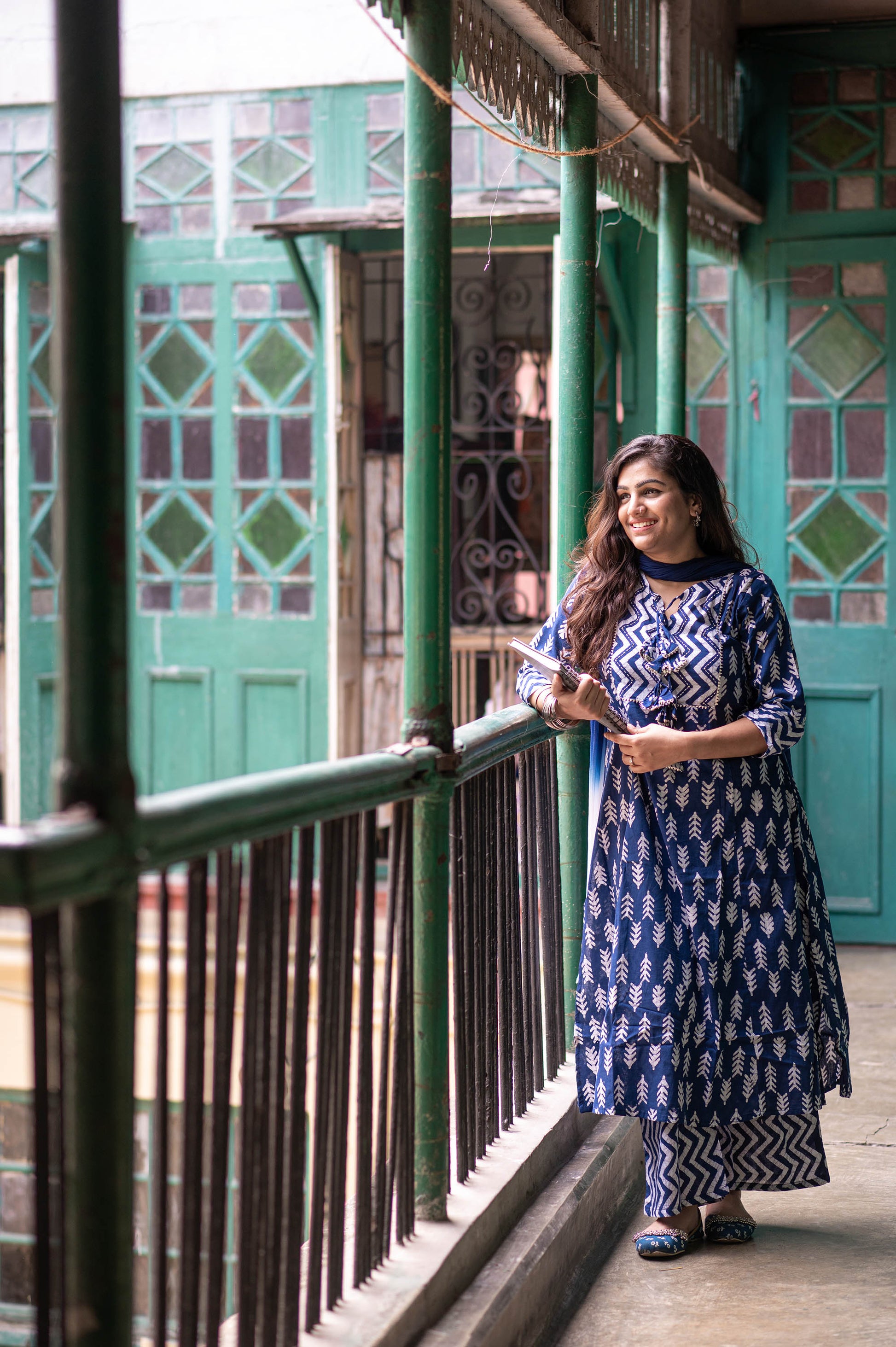 Royal Blue Cotton Printed A Line Kurta With Palazzo Pants