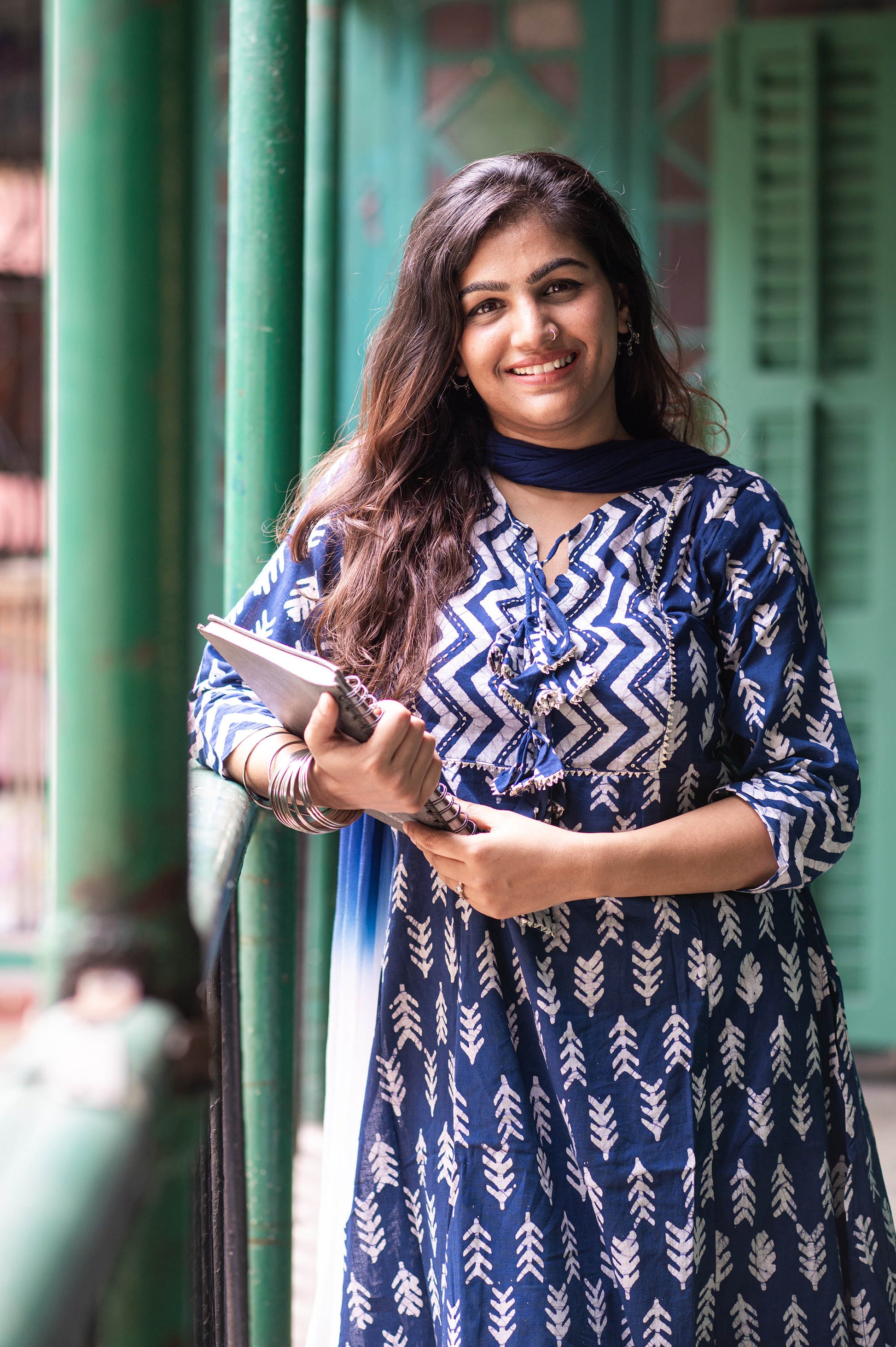 Royal Blue Cotton Printed A Line Kurta With Palazzo Pants