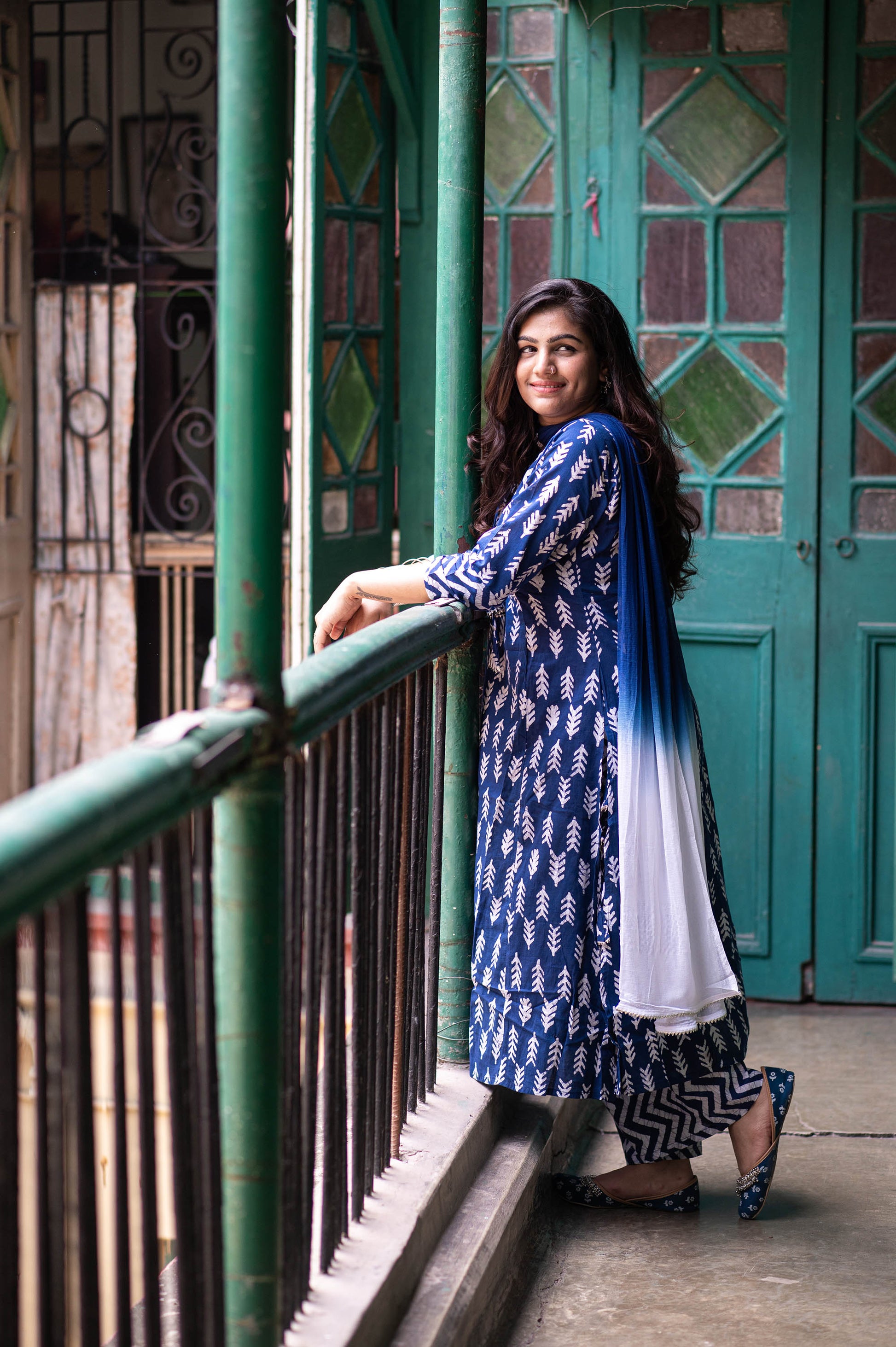 Royal Blue Cotton Printed A Line Kurta With Palazzo Pants