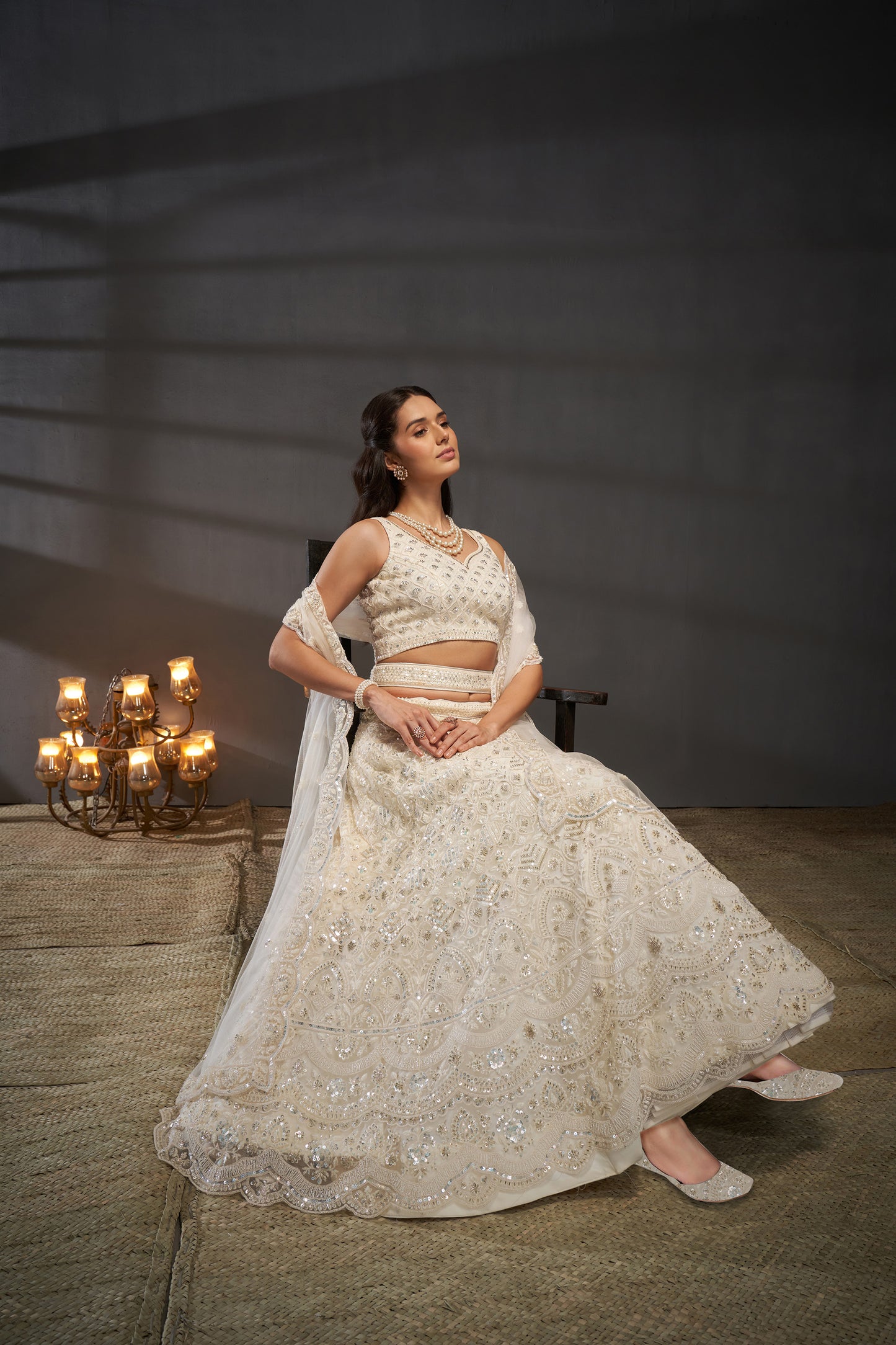 Cream Net Cutdana, Sequins and Zarkan embroidery Lehenga