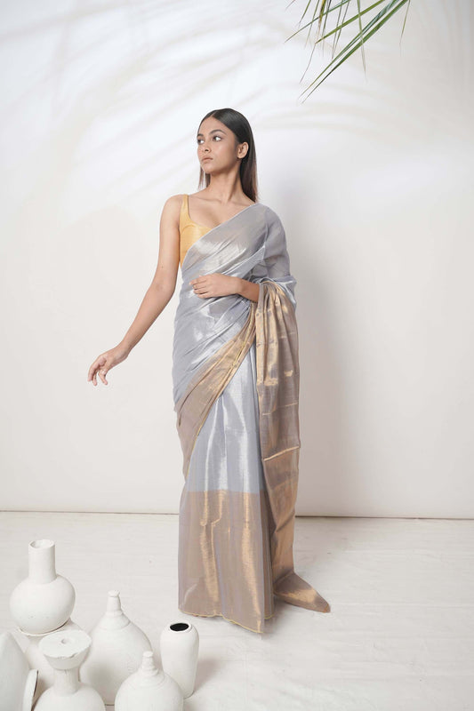 Alankrita | Slate Blue and Gold Handloom Tissue Saree