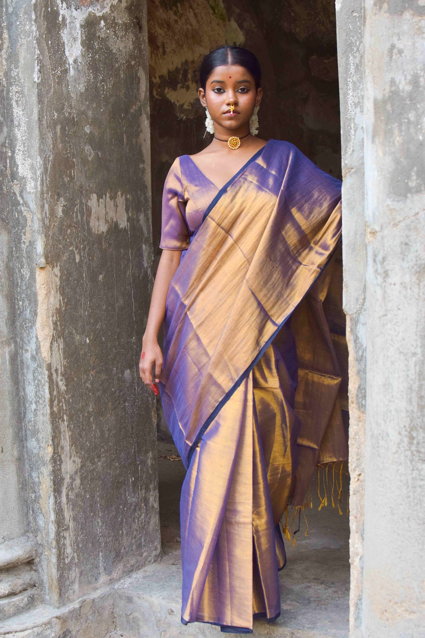 Alpadma I Gold Purple Handloom Tissue Saree