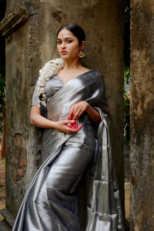 Ardhachandra I Silver Handloom tissue saree