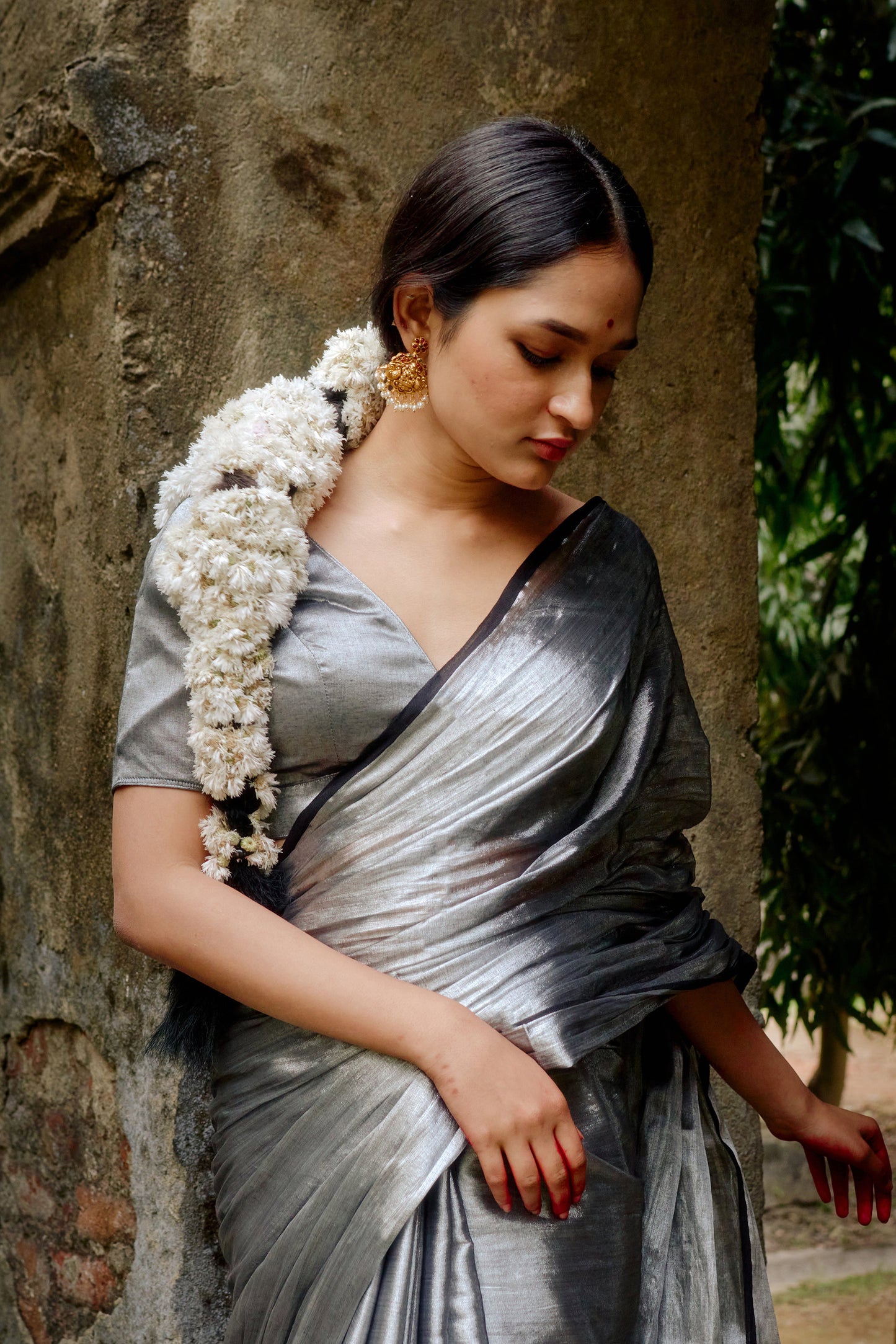 Ardhachandra I Silver Handloom tissue saree