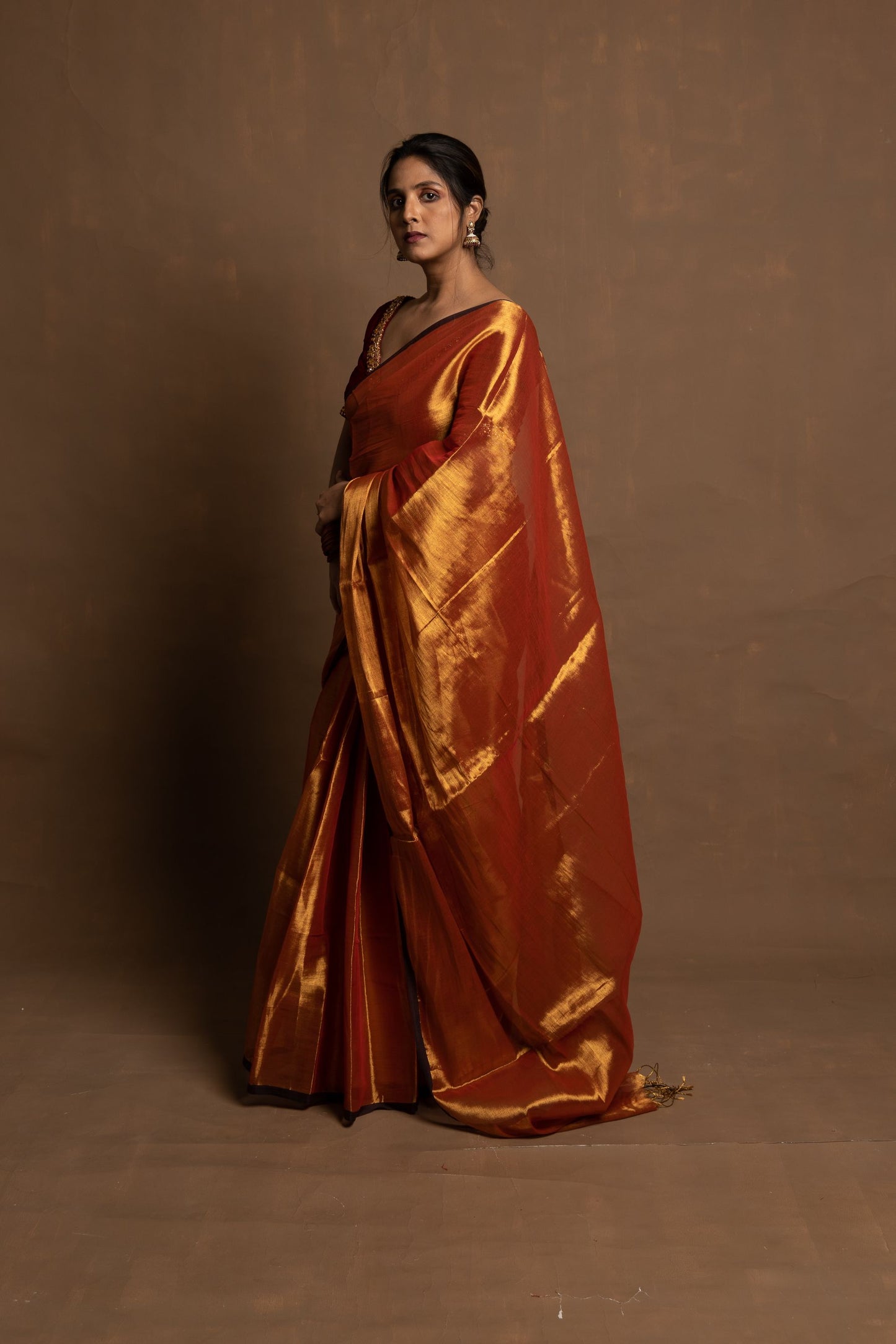 Ardhpataka I Rust Gold Handloom Tissue saree