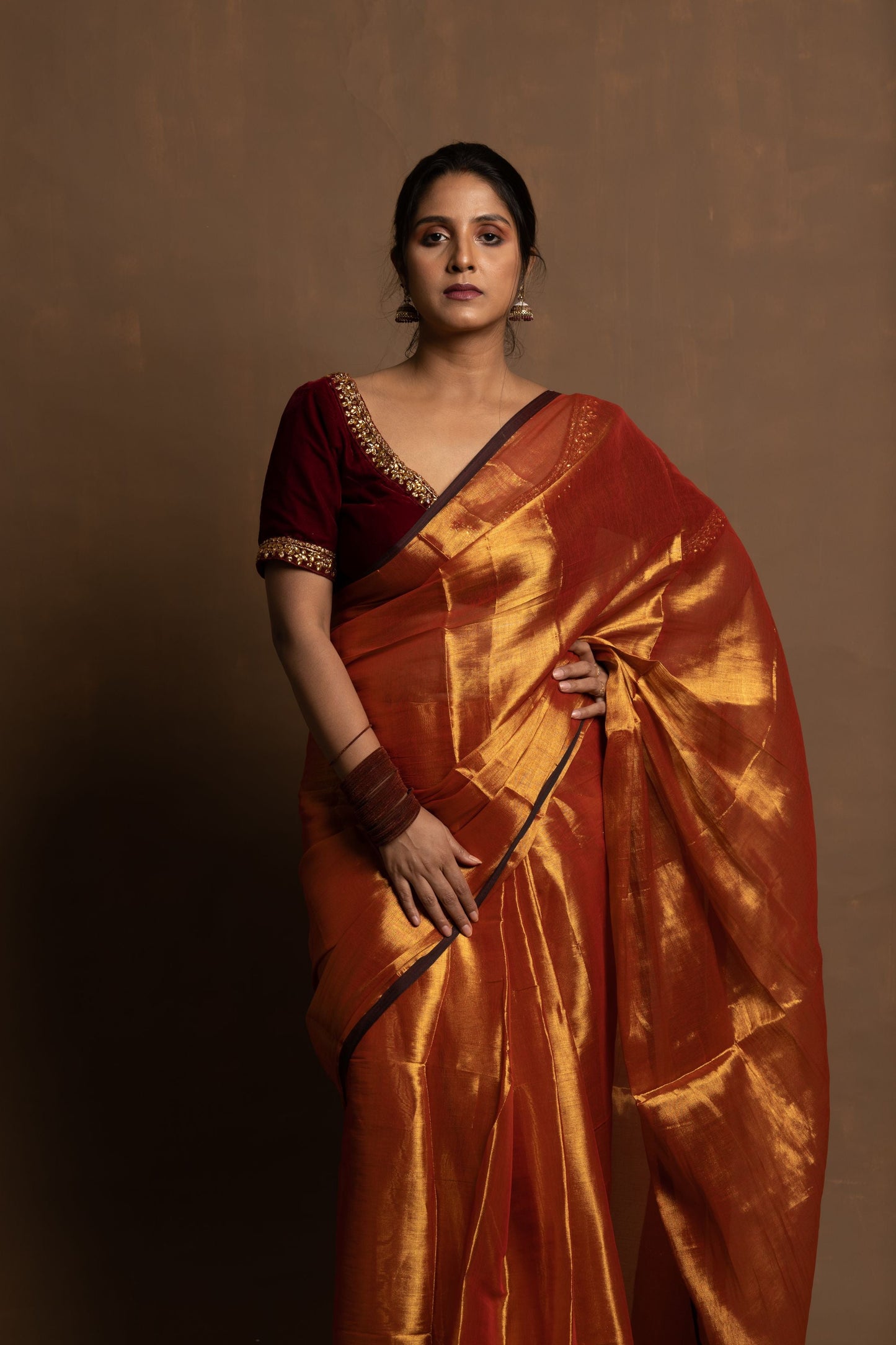 Ardhpataka I Rust Gold Handloom Tissue saree