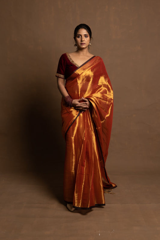 Ardhpataka I Rust Gold Handloom Tissue saree