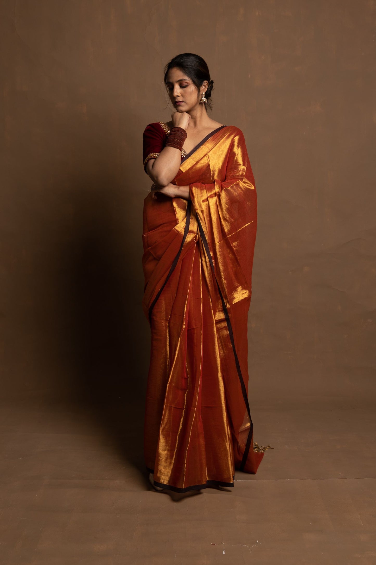 Ardhpataka I Rust Gold Handloom Tissue saree