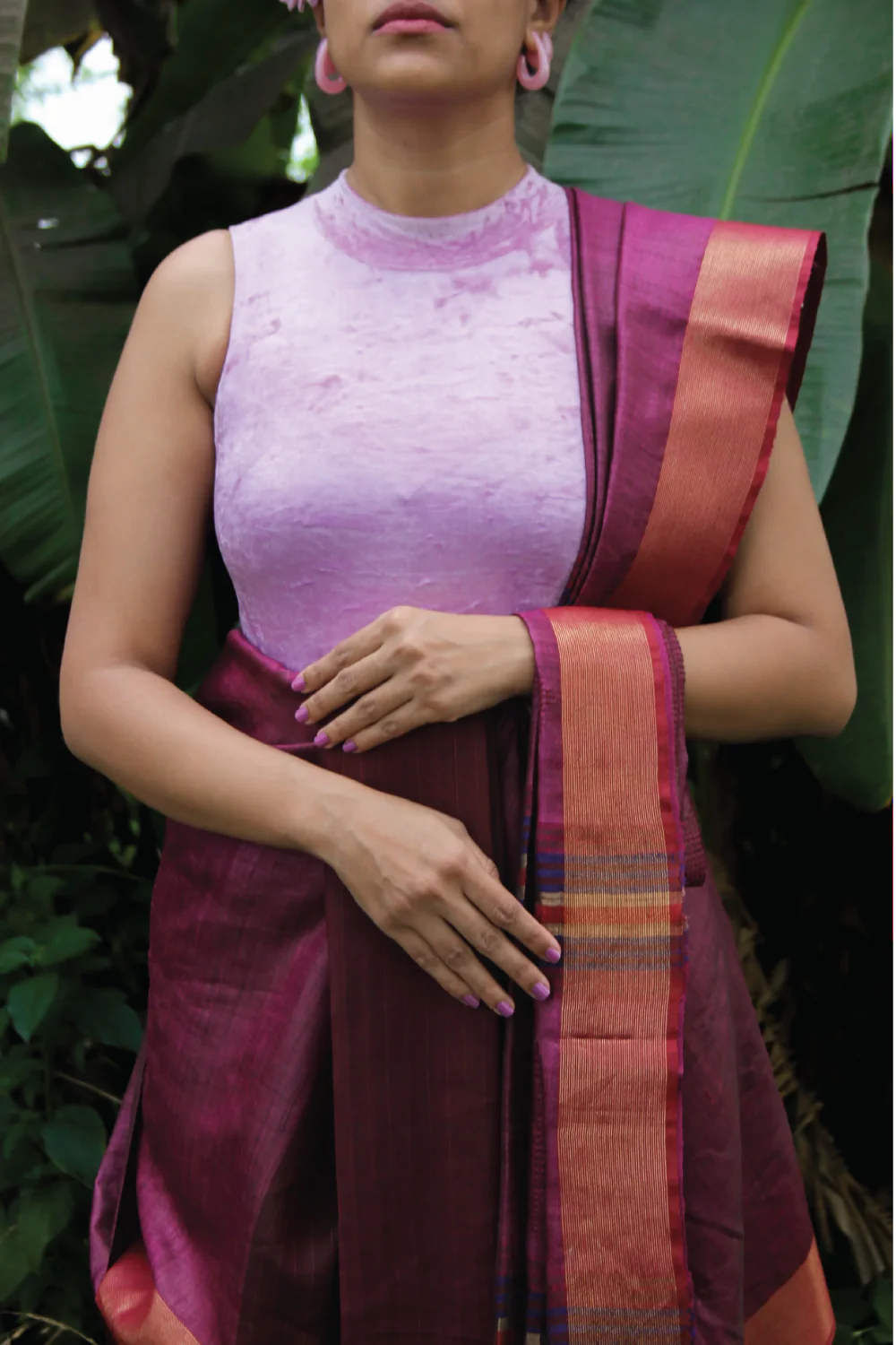 Wine Handloom Kosa Silk Saree With Gold Zari Border and Multi Colour Pallu