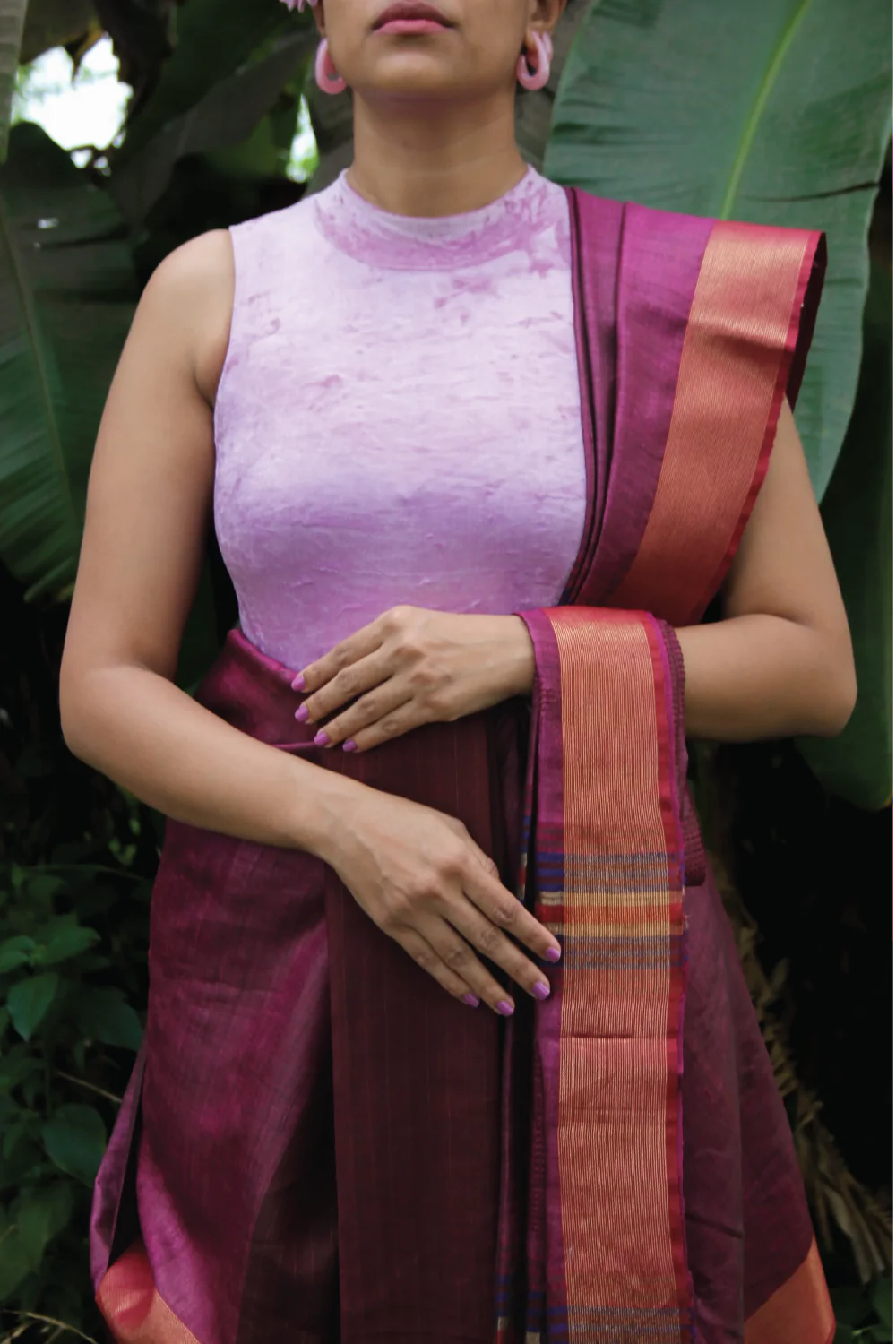 Wine Handloom Kosa silk saree with gold Zari border& multi colour pallu