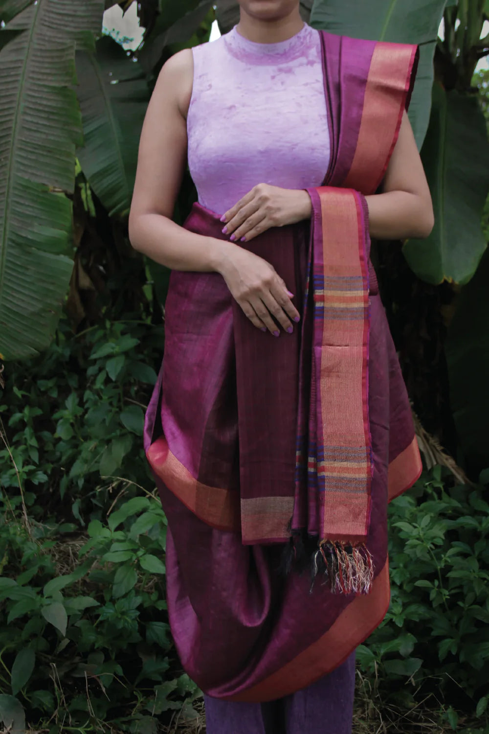 Wine Handloom Kosa Silk Saree With Gold Zari Border and Multi Colour Pallu