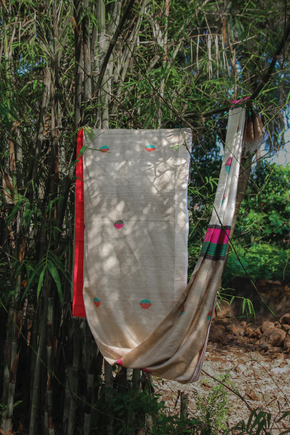 Beige Handloom Pure Kosa Silk Saree With Cream Colour Pallu & Red & Green Geometrical Motifs