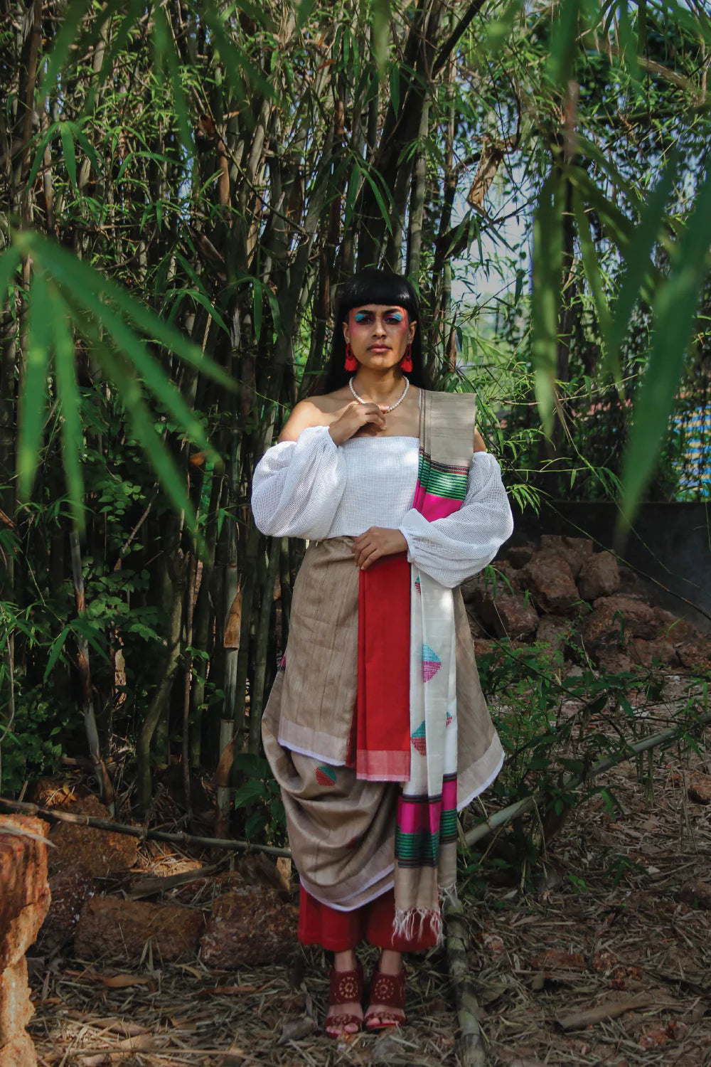 Beige Handloom Pure Kosa Silk Saree With Cream Colour Pallu & Red & Green Geometrical Motifs