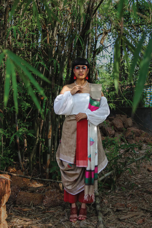 Beige Handloom Pure Kosa Silk Saree With Cream Colour Pallu & Red & Green Geometrical Motifs