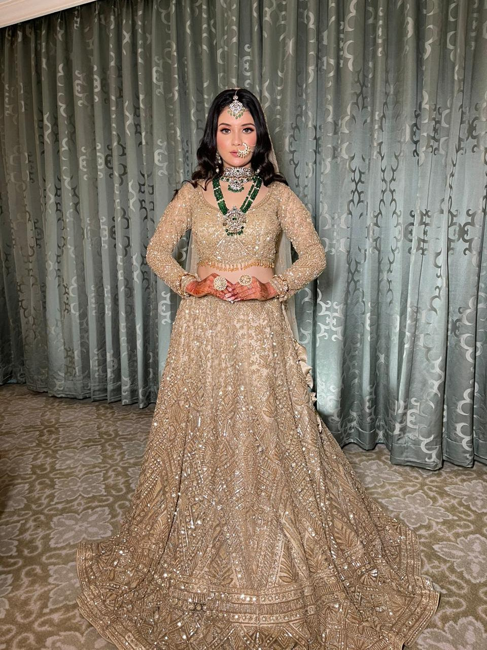 Beautiful Beige Dori Embroidered Soft Net Bridal Lehenga Choli