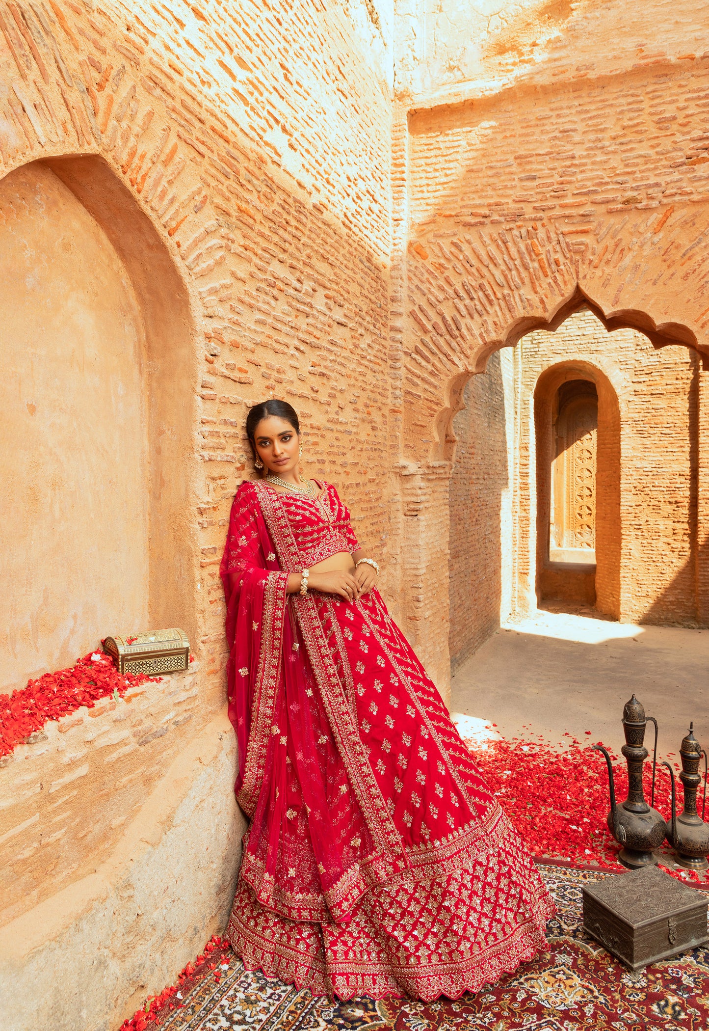 Red Sequins, and Cutdana Work Silk Bridal Lehenga