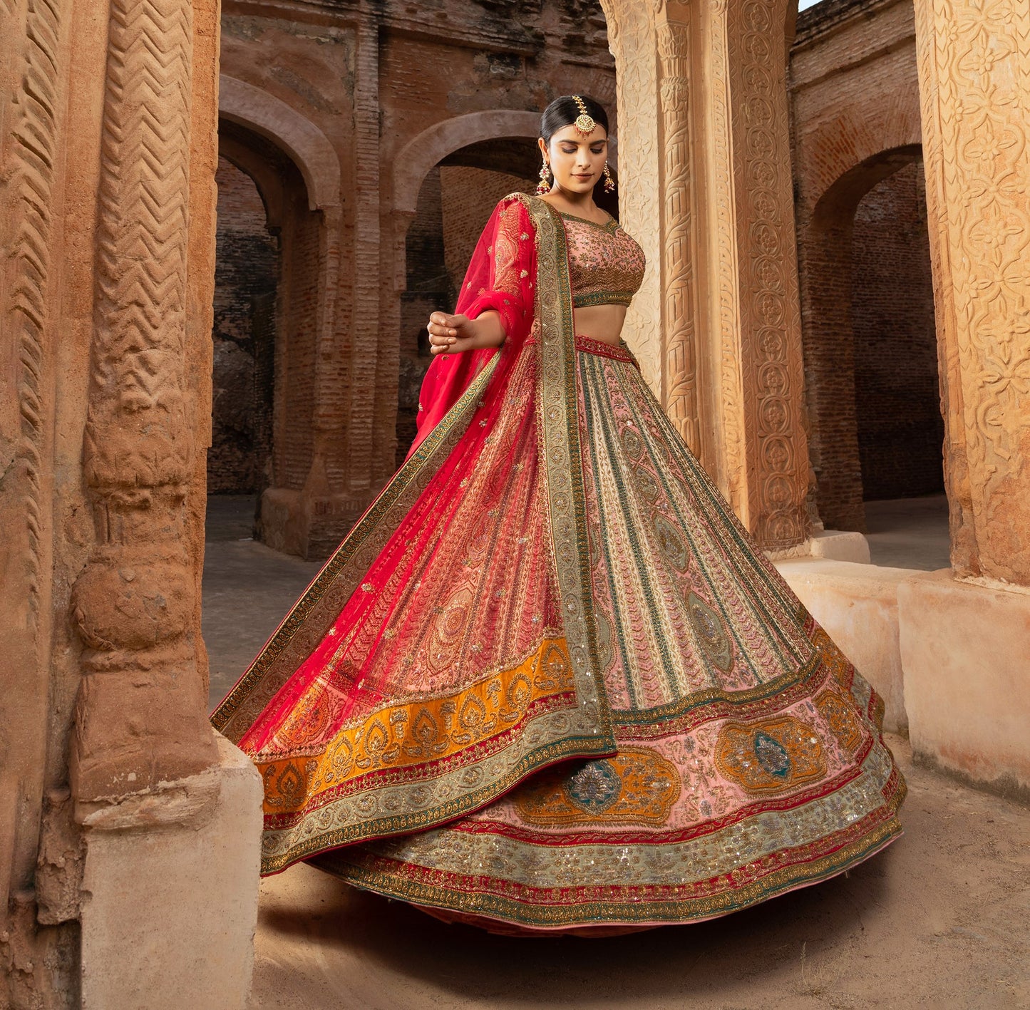 Pink & Multi colored Silk Bridal Lehenga for Wedding