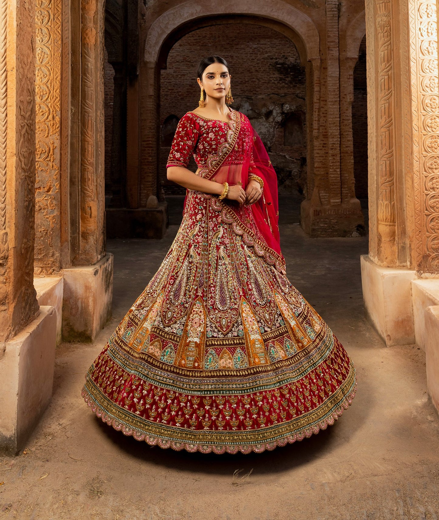 Red Multi-Color Embroidery Velvet Bridal Lehenga